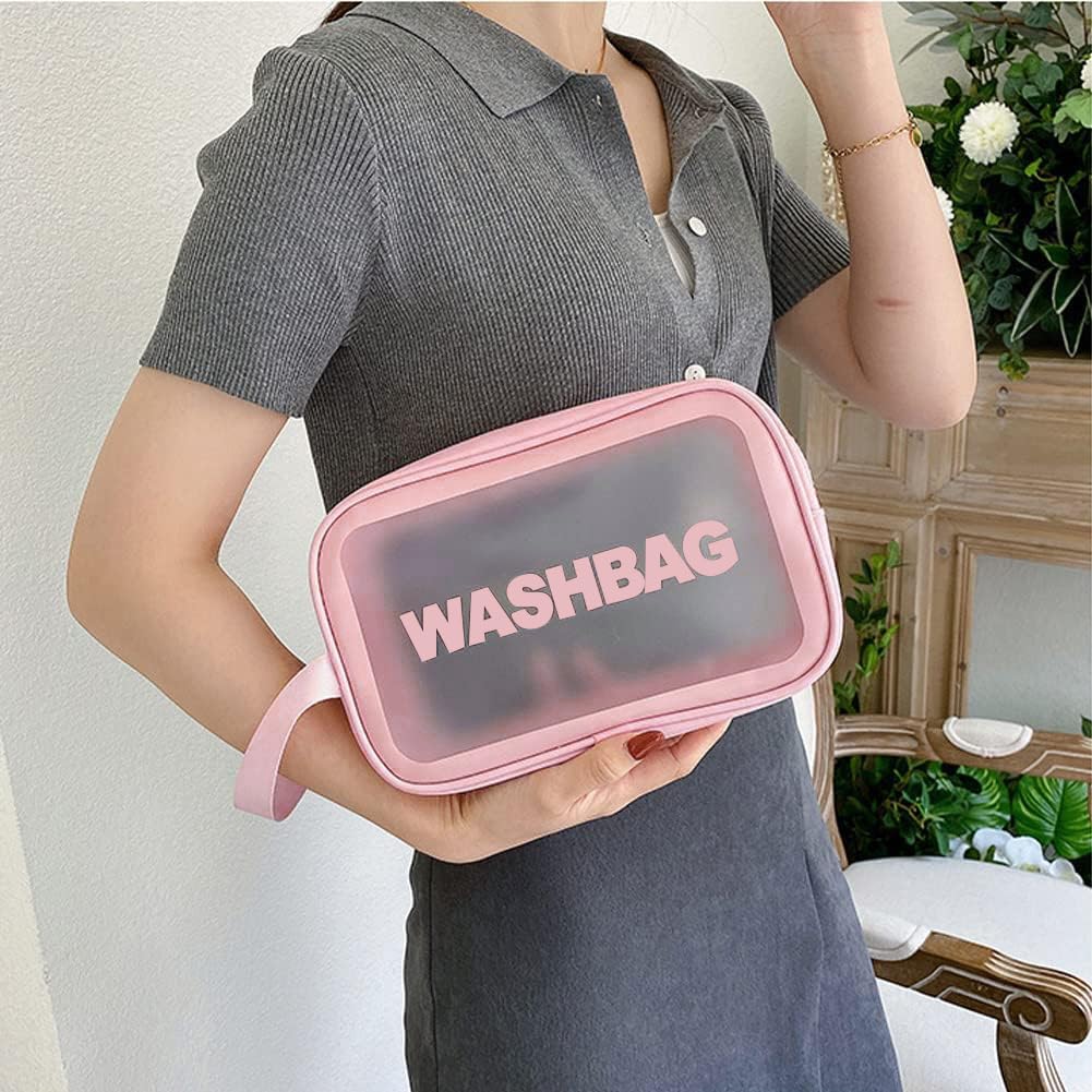 3PCS Clear Toiletry Bag, Wash Bag, Clear PU Makeup Bags, Waterproof Toiletry Travel Bags with Zipper Handle, Portable Airport Cosmetic B-ag for Travel Bathroom Men Women(Blue)