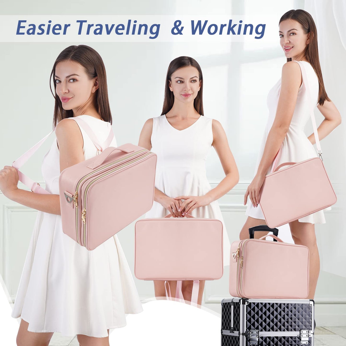 Joligrace Large PU Leather Professional Makeup Bag with Removable Back Strap Cosmetic Case Beauty Box Hairdressing Tools Organiser Storage Box, Marble