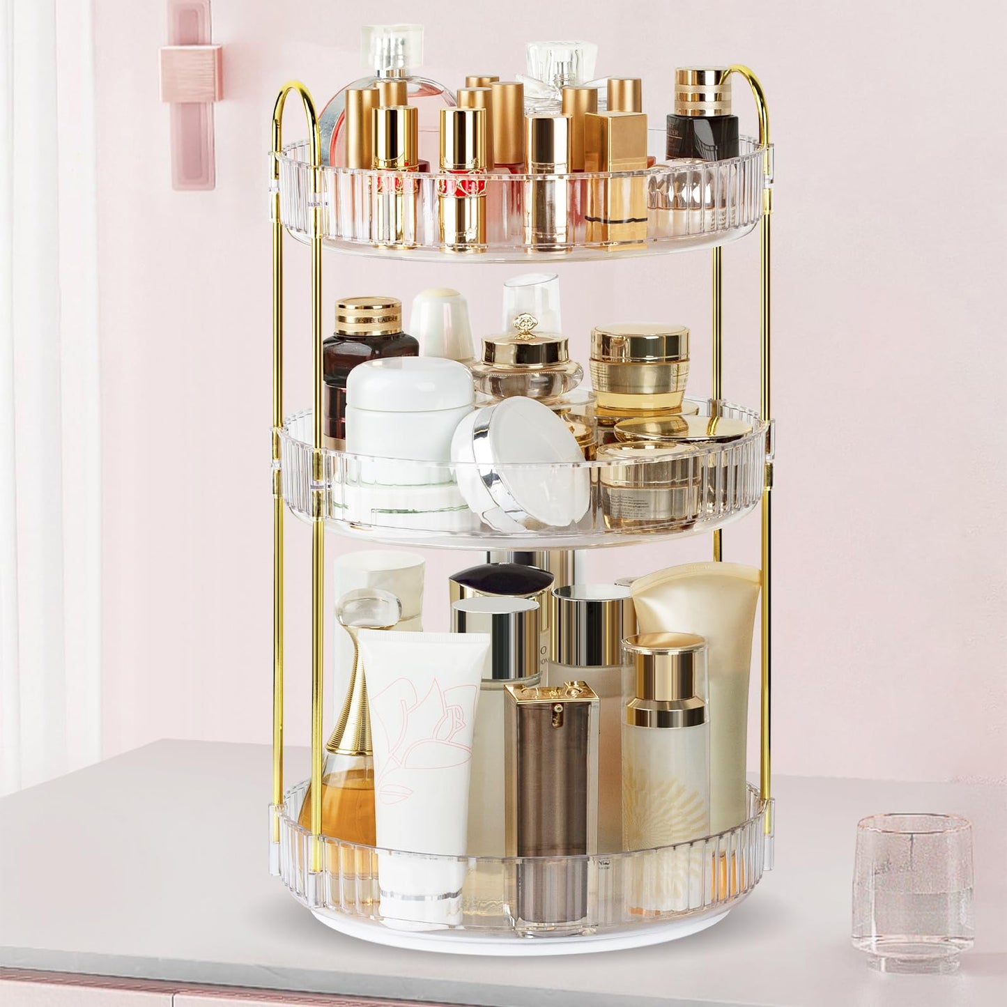 Boxalls Make up Organiser 360° Rotating, 3 Tier Large Capacity Bathroom Organizer, Cosmetics Vanity Storage, Dressing Table Organiser, Skincare Spinning Carousel for Skincare Perfume (3 Tiers, Green)