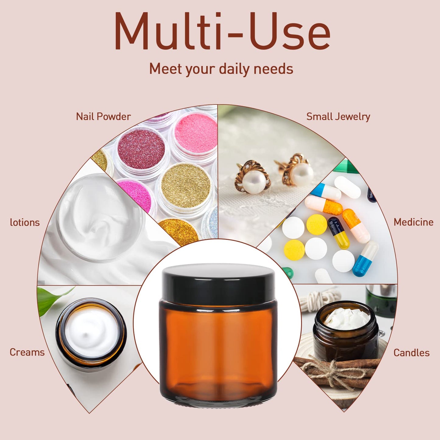 4 oz Amber Glass Round Jars with Black Lids, 6 Pack Empty Cosmetic Jars Face Cream Storage Containers for Powder,Lotion,Beauty Products,Travel Favors