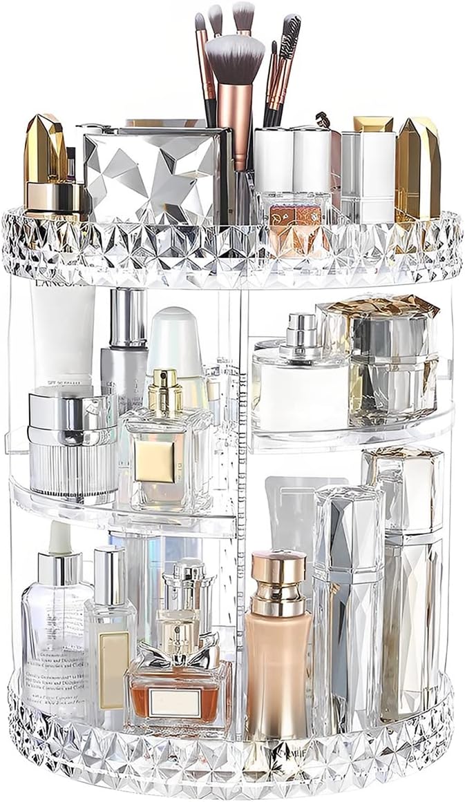 3 Tiers Rotating Makeup Organizer with Compartment 360° Rotating Makeup Stand Display Case Large Capacity Cosmetic Display Box Clear for Dresser Bathroom Skincare,Lipsticks,Makeup Brushes