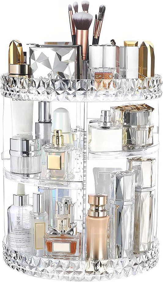 3 Tiers Rotating Makeup Organizer with Compartment 360° Rotating Makeup Stand Display Case Large Capacity Cosmetic Display Box Clear for Dresser Bathroom Skincare,Lipsticks,Makeup Brushes