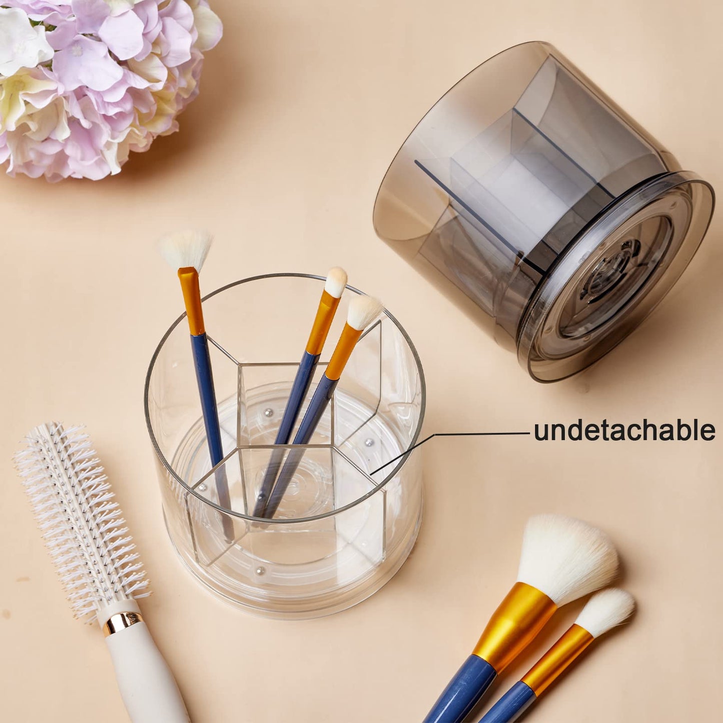 Makeup Brush Holder Organizer -Rotating 360° Clear Storage Cup Containers for Vanity, Desk, Countertop, Spinning Pen Holder for Desk, Round Make up Brush Stand with 5 Slots (Clear)