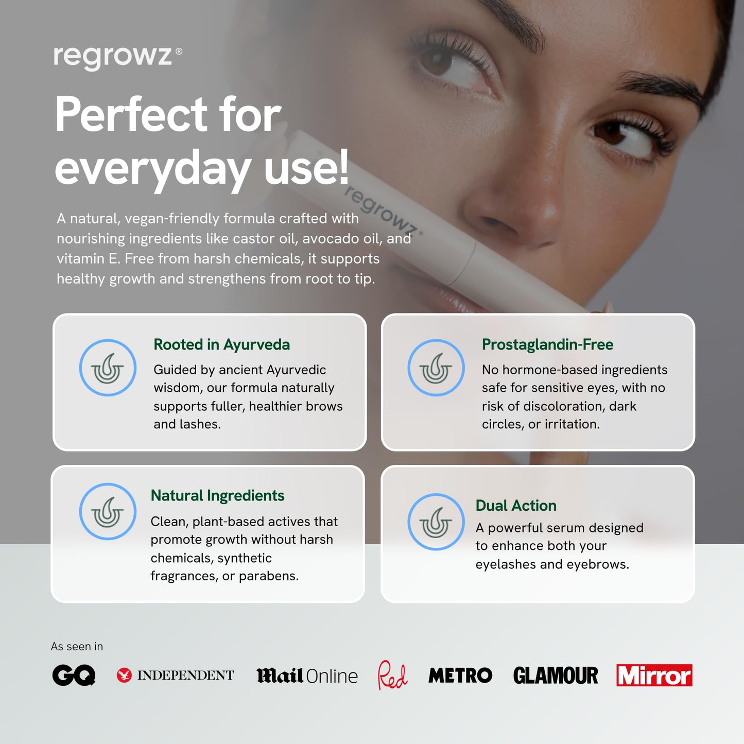 Regrowz Eyelash Serum & Eyebrow Growth 5ml – Natural, Vegan Lash Enhancer for Longer, Thicker Lashes & Fuller Eye Brows – UK Formula with Rapid Results & Conditioning Care For Growth & Thickness