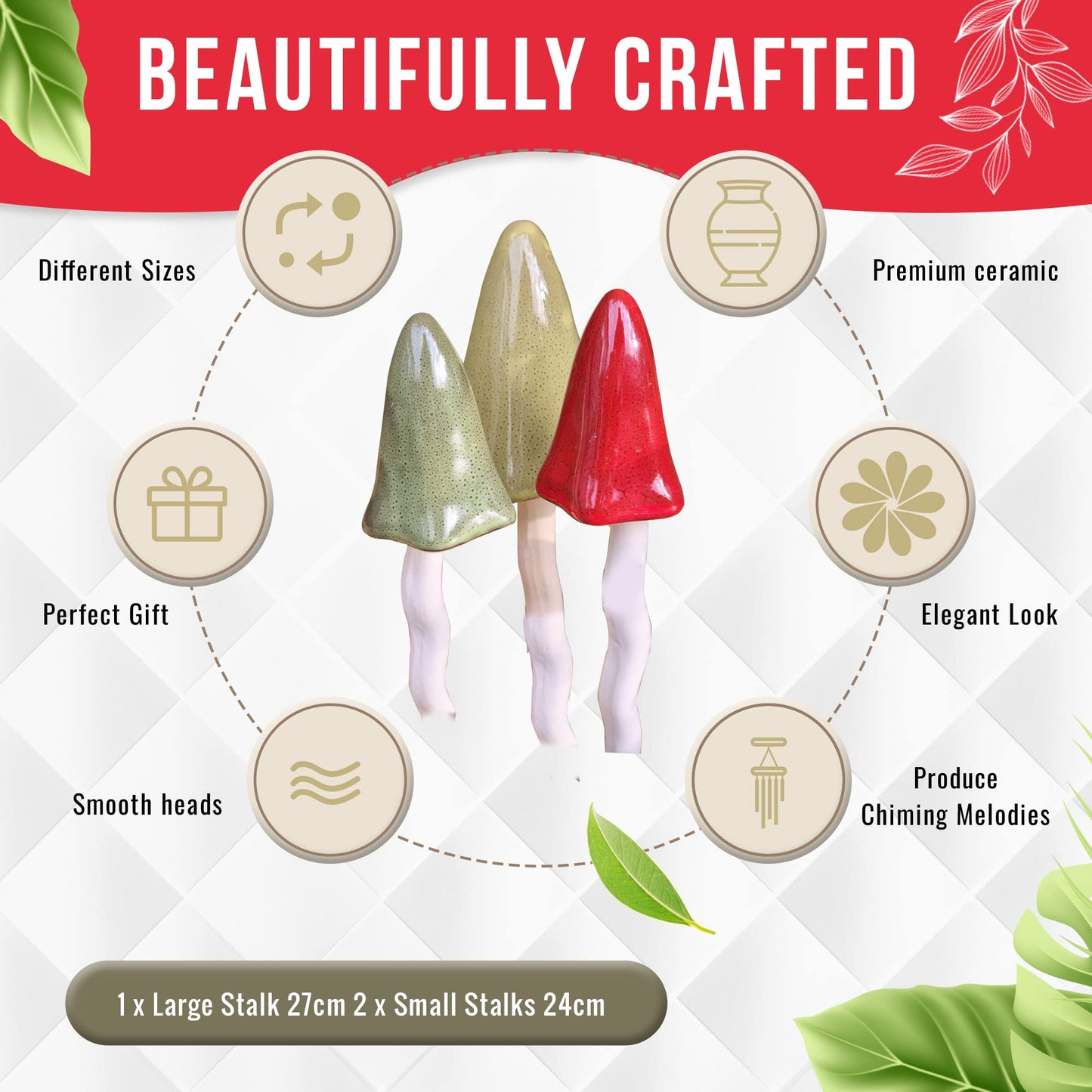 HH Home Hut Tinkling Ceramic Toadstools - Colourful Garden Ornaments, Mushrooms Plant Pot Set of 3 Outdoor Decor, Kids Gardening Set Fairy Garden Large Accessory (Yellow, Red, Orange)