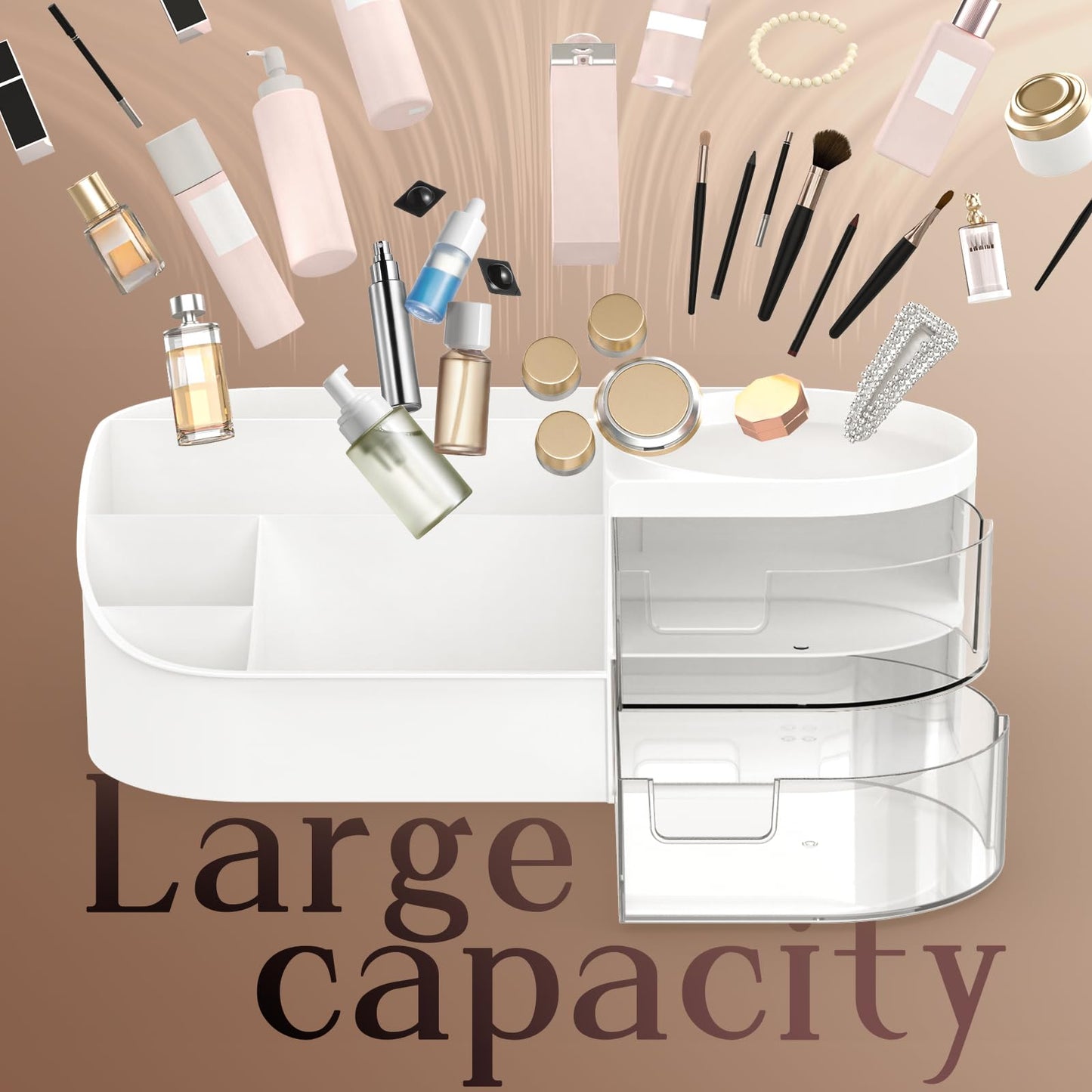 Makeup Organiser, Large Capacity Cosmetic Organisers for Beauty Skincare Jewelry, Make Up Storage Cosmetic Dressing Table Organiser Makeup Box with Drawer for Bedroom Bathroom Dresser Office (White)