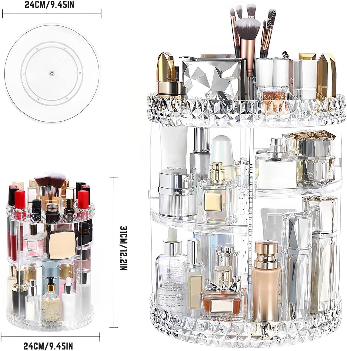 3 Tiers Rotating Makeup Organizer with Compartment 360° Rotating Makeup Stand Display Case Large Capacity Cosmetic Display Box Clear for Dresser Bathroom Skincare,Lipsticks,Makeup Brushes