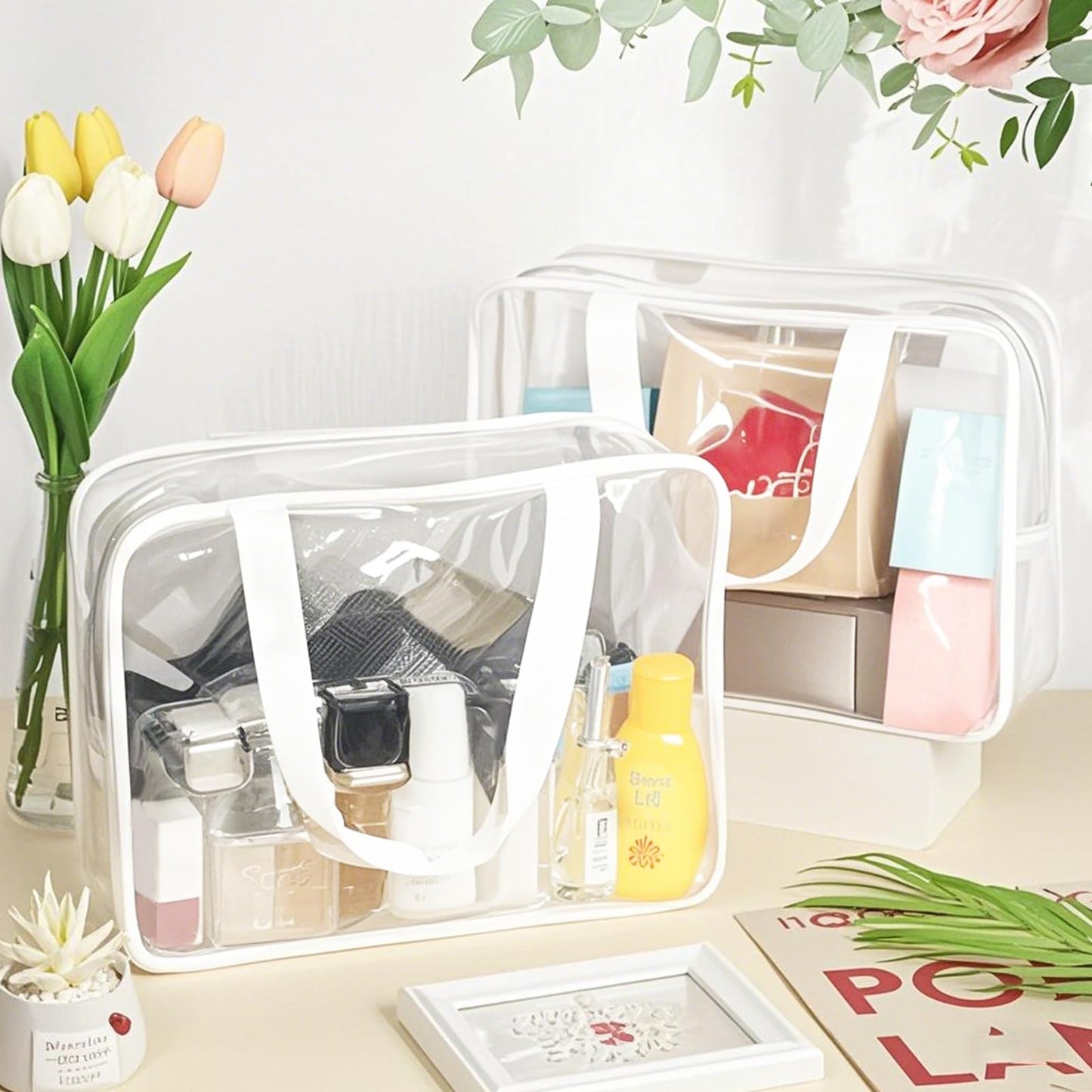 2 Pack Clear Wash Bag for Toiletries, Large/Small Clear Travel Toiletries Bag Thickened PVC Waterproof Makeup Bags with Handles Travel Wash Bags with Zippers for Women Girls Men