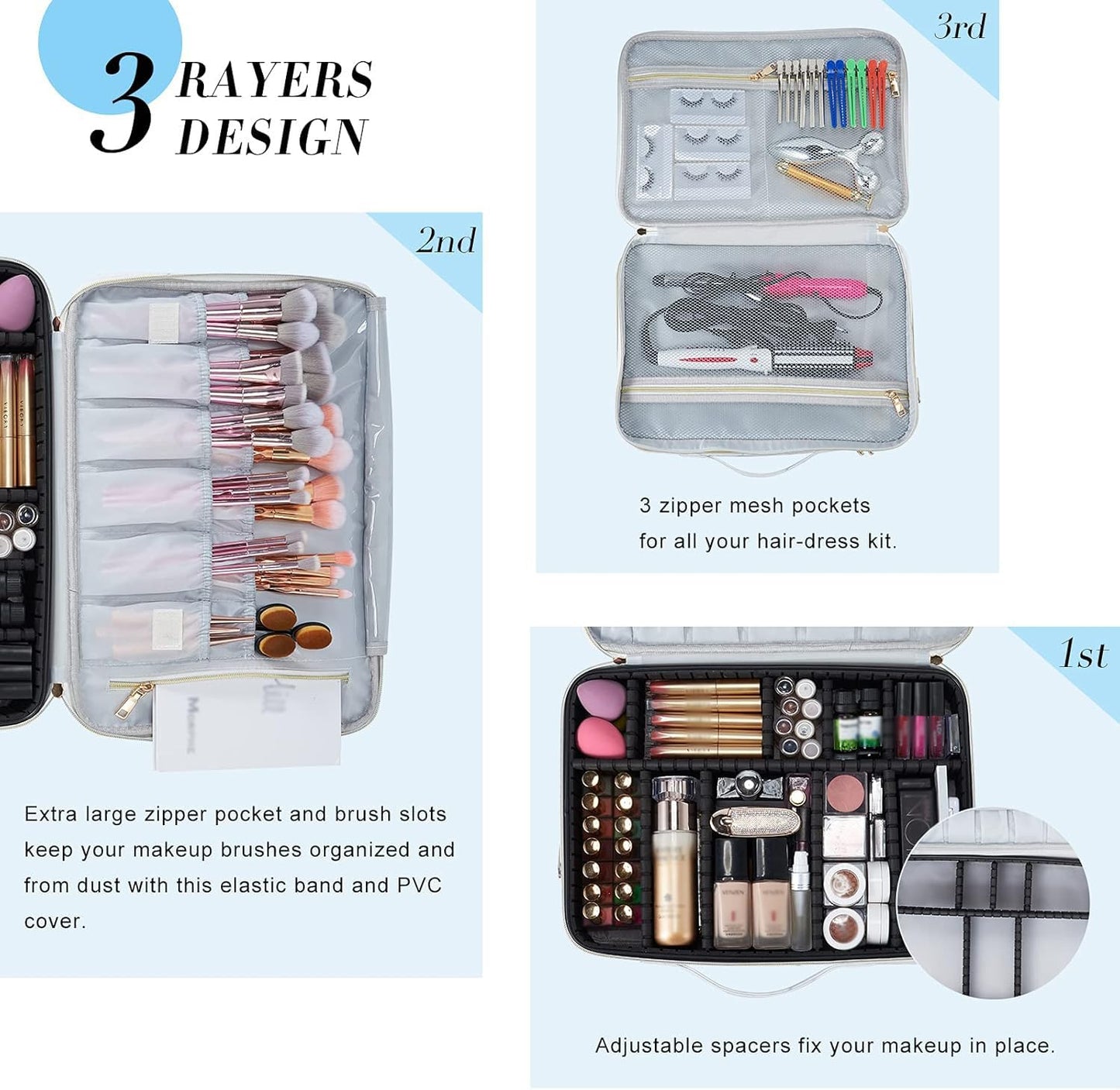 Joligrace Large PU Leather Professional Makeup Bag with Removable Back Strap Cosmetic Case Beauty Box Hairdressing Tools Organiser Storage Box, Marble