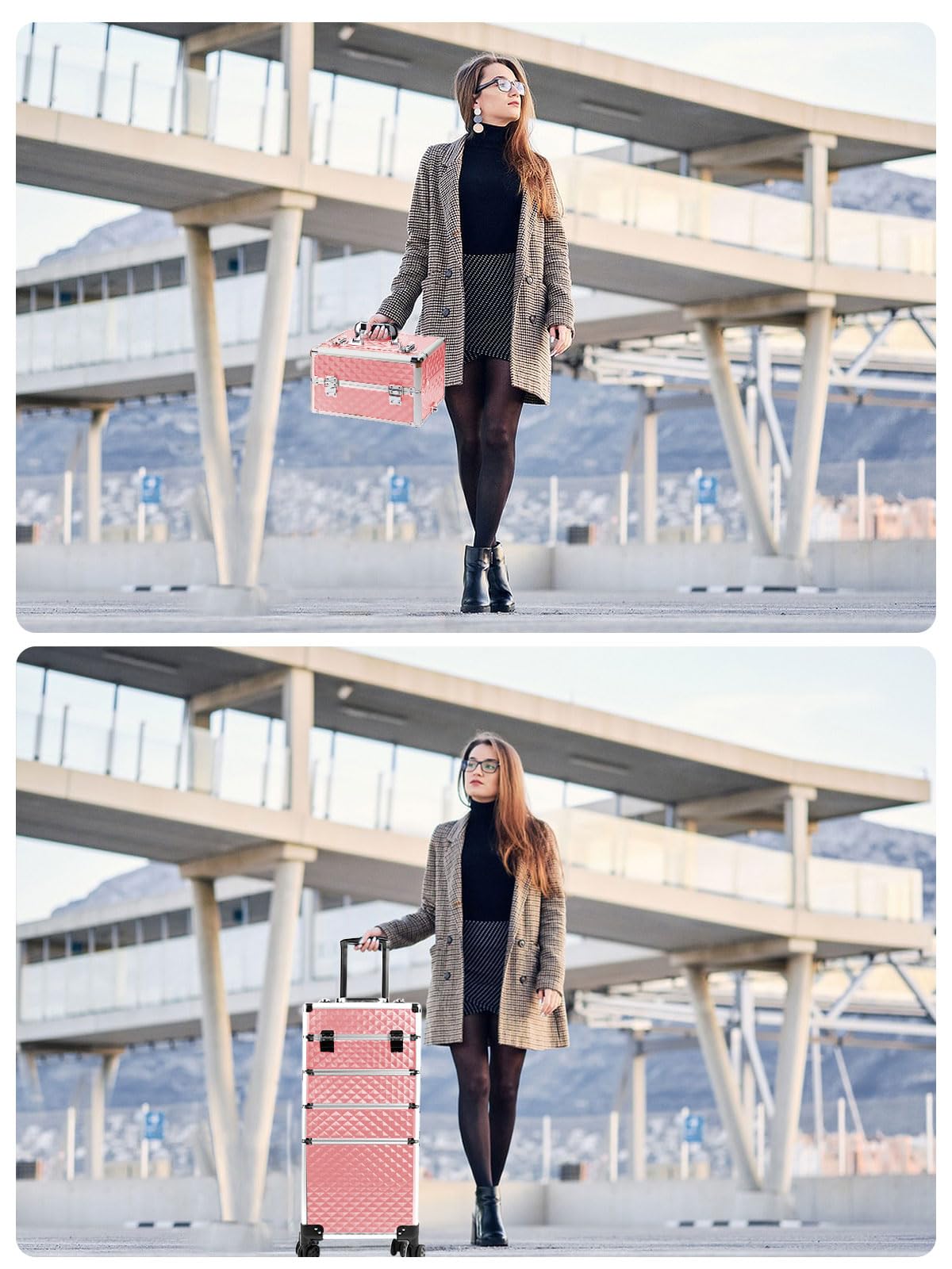 EBANKU Makeup Train Cases 4 in 1, Portable Professional Cosmetic Travel Case Nail Polish Hair Products Rolling Makeup Travel Organizer, with 360° Swivel Wheels,Pink