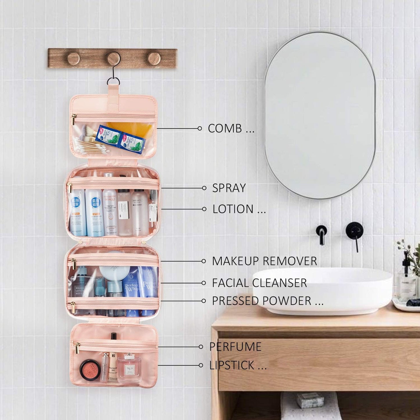 LOVEVOOK Toiletry Bag Hanging Travel Wash Bag for Women, Waterproof Toiletries Makeup Bags with Hook, Large Cosmetic Organizer Ladies, for Full Sized Container