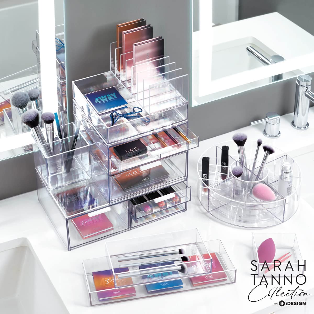 iDesign Storage Drawer from the Signature Series by Sarah Tanno, Rectangular PET Makeup Tray for Beauty Products, Cosmetic Organiser System, Clear/Matte White, 10.2 cm x 20.3 cm x 5 cm