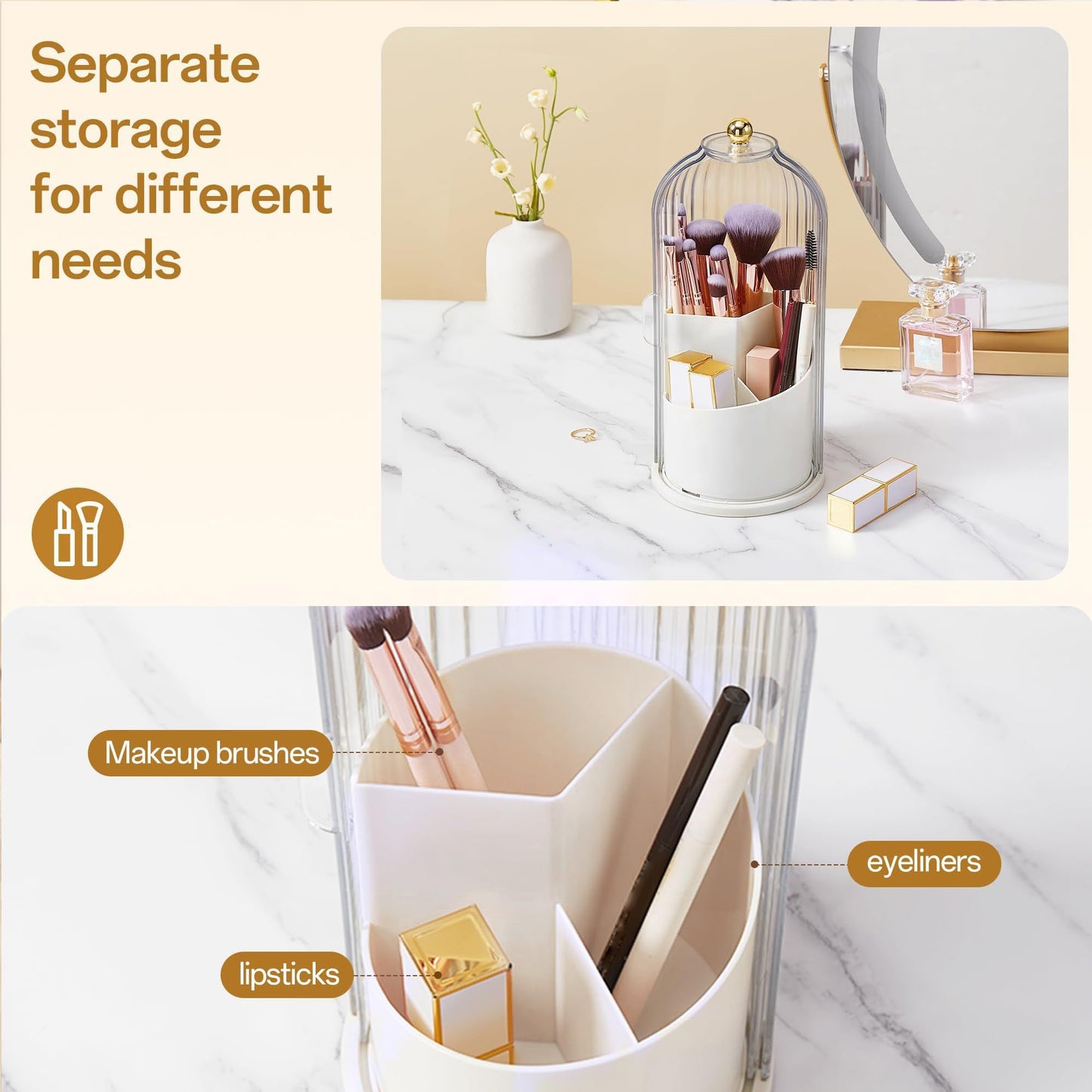 Makeup Brush Holder Rotating Organiser with Clear Lid,Sliding Opening Dustproof Makeup Brush Case Make up Organizer Storage for Dressing Table Organiser,Vanity,White Black