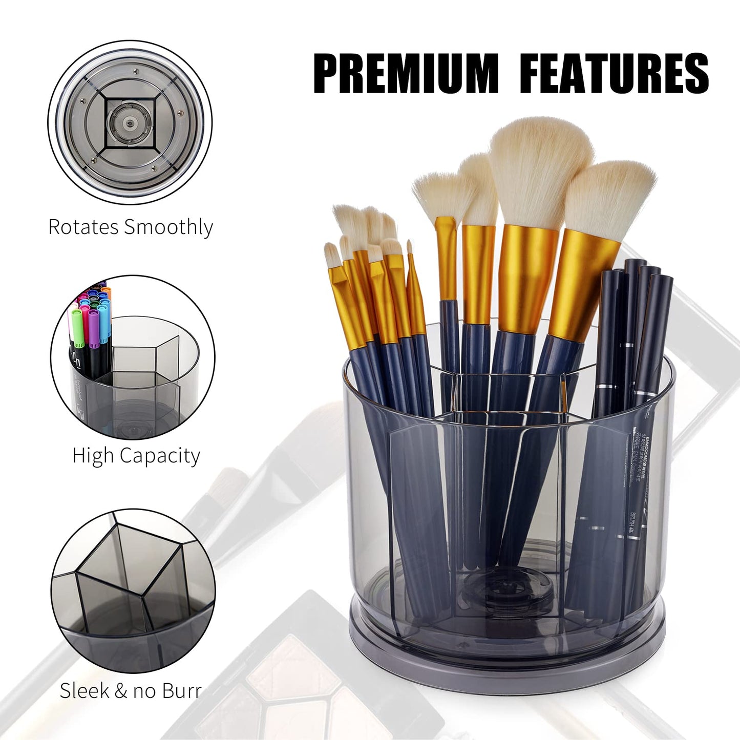 Makeup Brush Holder Organizer -Rotating 360° Clear Storage Cup Containers for Vanity, Desk, Countertop, Spinning Pen Holder for Desk, Round Make up Brush Stand with 5 Slots (Clear)