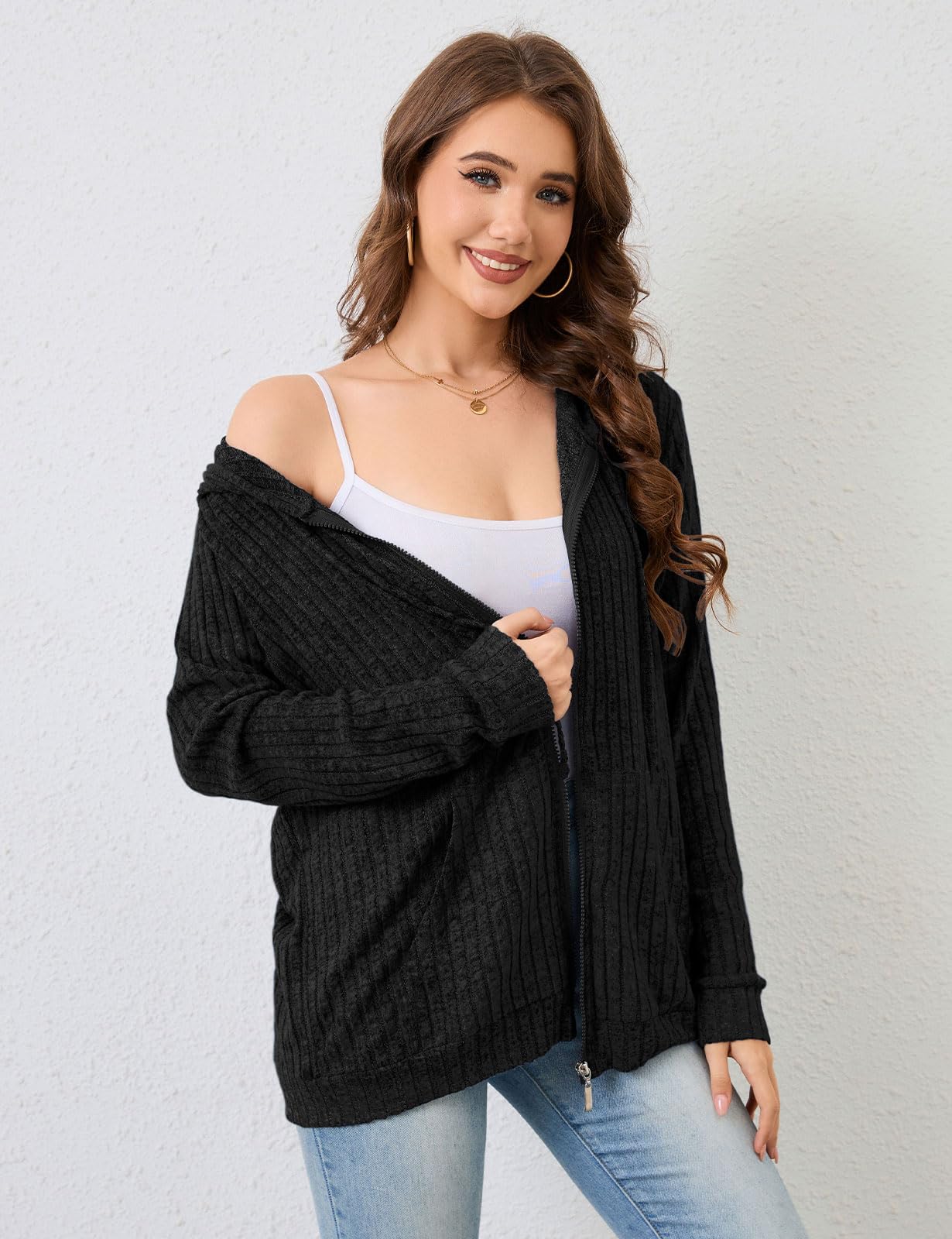 Flikity Womens Cardigans Zip Up Ladies Hoodies with Large Pockets Long Sleeve Tunic Tops Ladies Lightweight Jackets Casual Work Clothes M-XXL