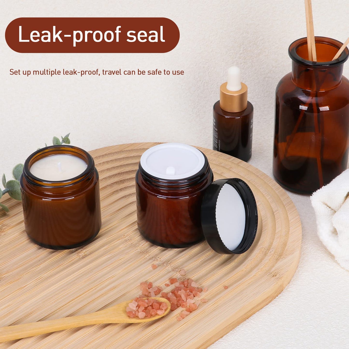 4 oz Amber Glass Round Jars with Black Lids, 6 Pack Empty Cosmetic Jars Face Cream Storage Containers for Powder,Lotion,Beauty Products,Travel Favors