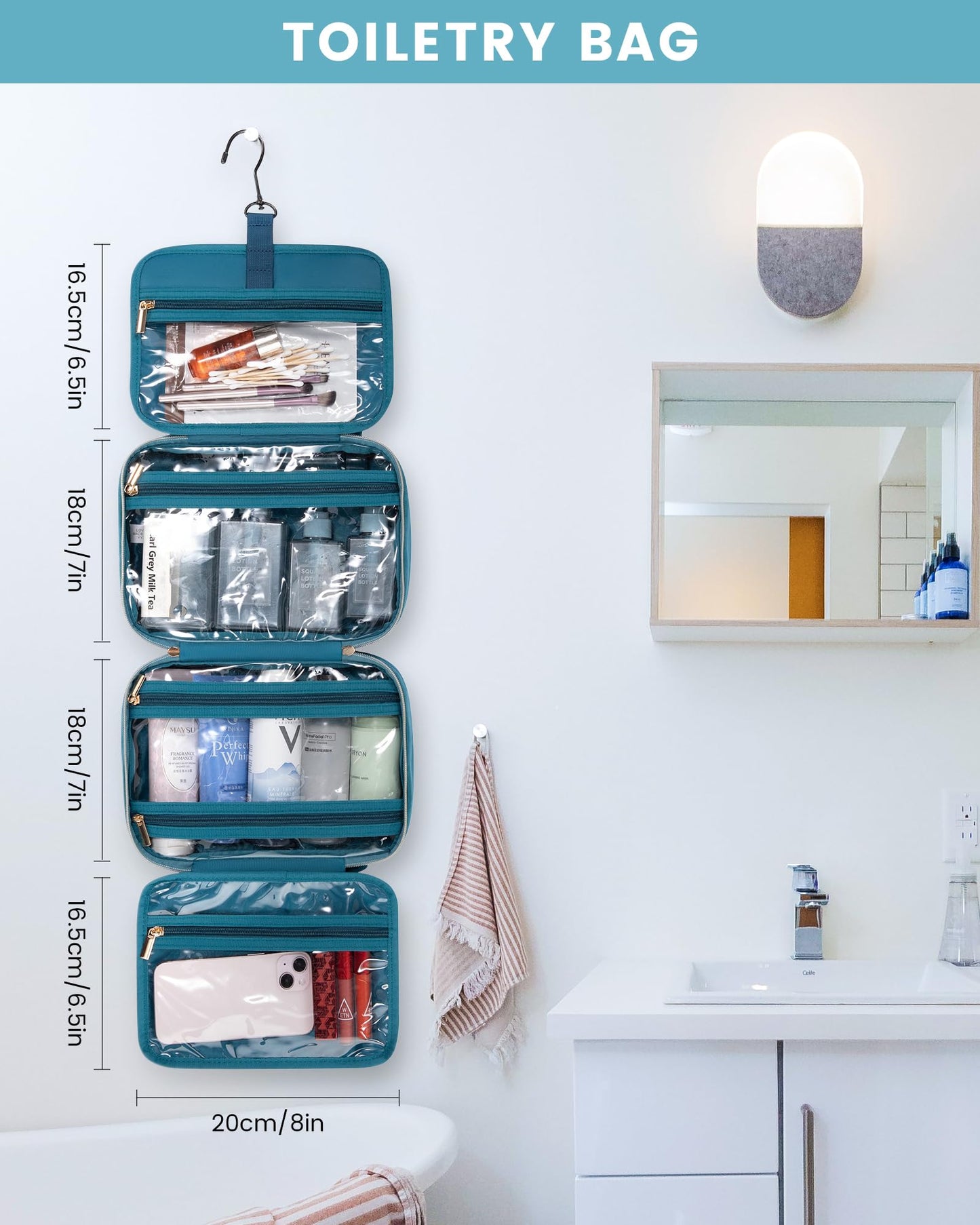 LOVEVOOK Toiletry Bag Hanging Travel Wash Bag for Women, Waterproof Toiletries Makeup Bags with Hook, Large Cosmetic Organizer Ladies, for Full Sized Container