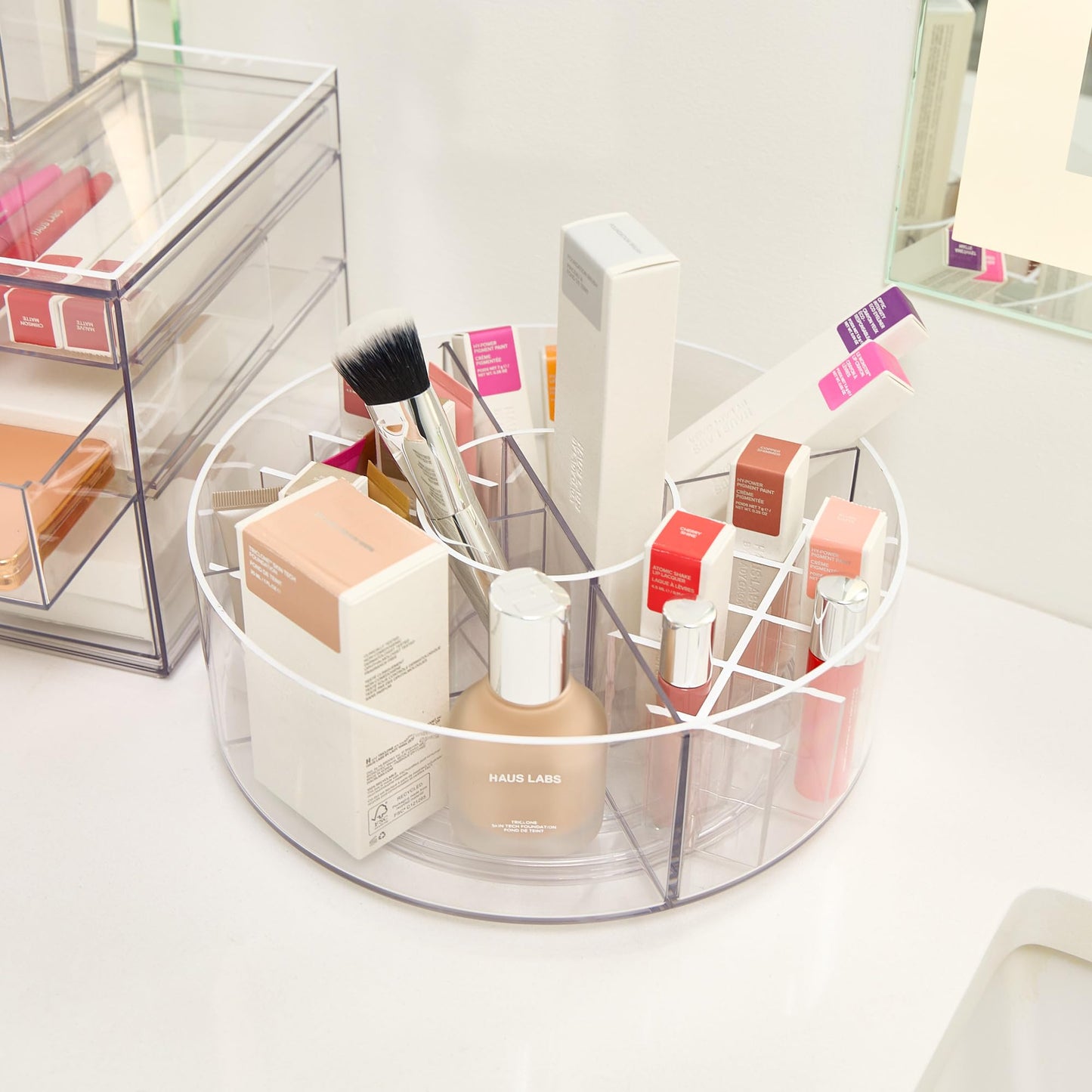 iDesign Storage Drawer from the Signature Series by Sarah Tanno, Rectangular PET Makeup Tray for Beauty Products, Cosmetic Organiser System, Clear/Matte White, 10.2 cm x 20.3 cm x 5 cm