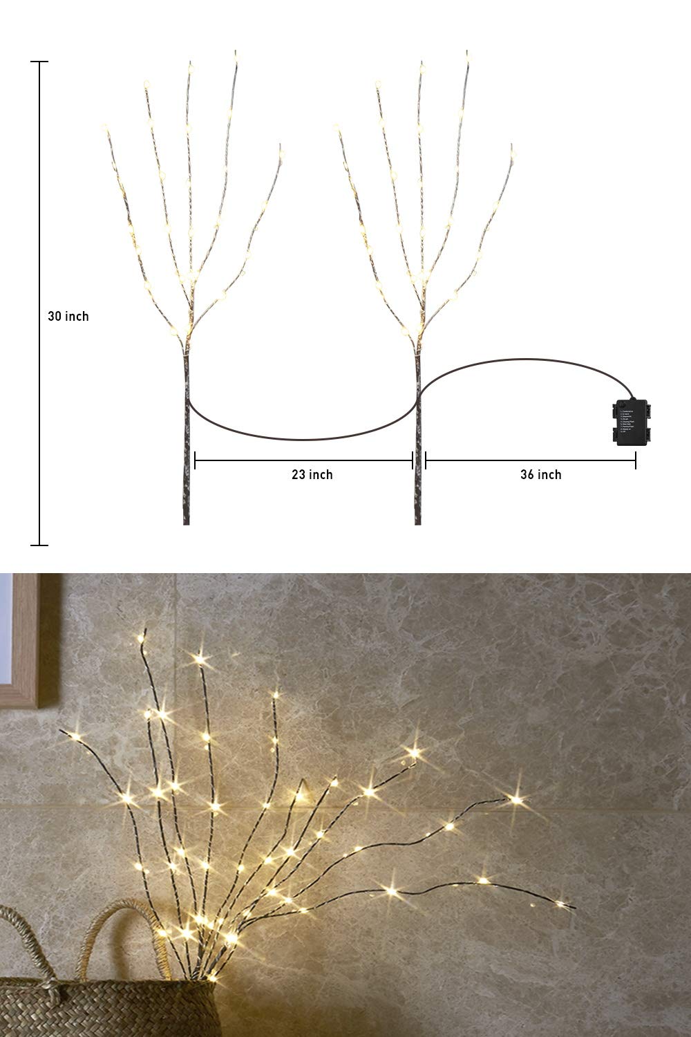 EAMBRITE 3PK 76cm Home Decorative Twig Lights Garden Stake Branch Lights with 60 Warm White LEDs Mains Powered Lighted Branches for Floor Vases Spring Xmas Decor Outdoor and Indoor