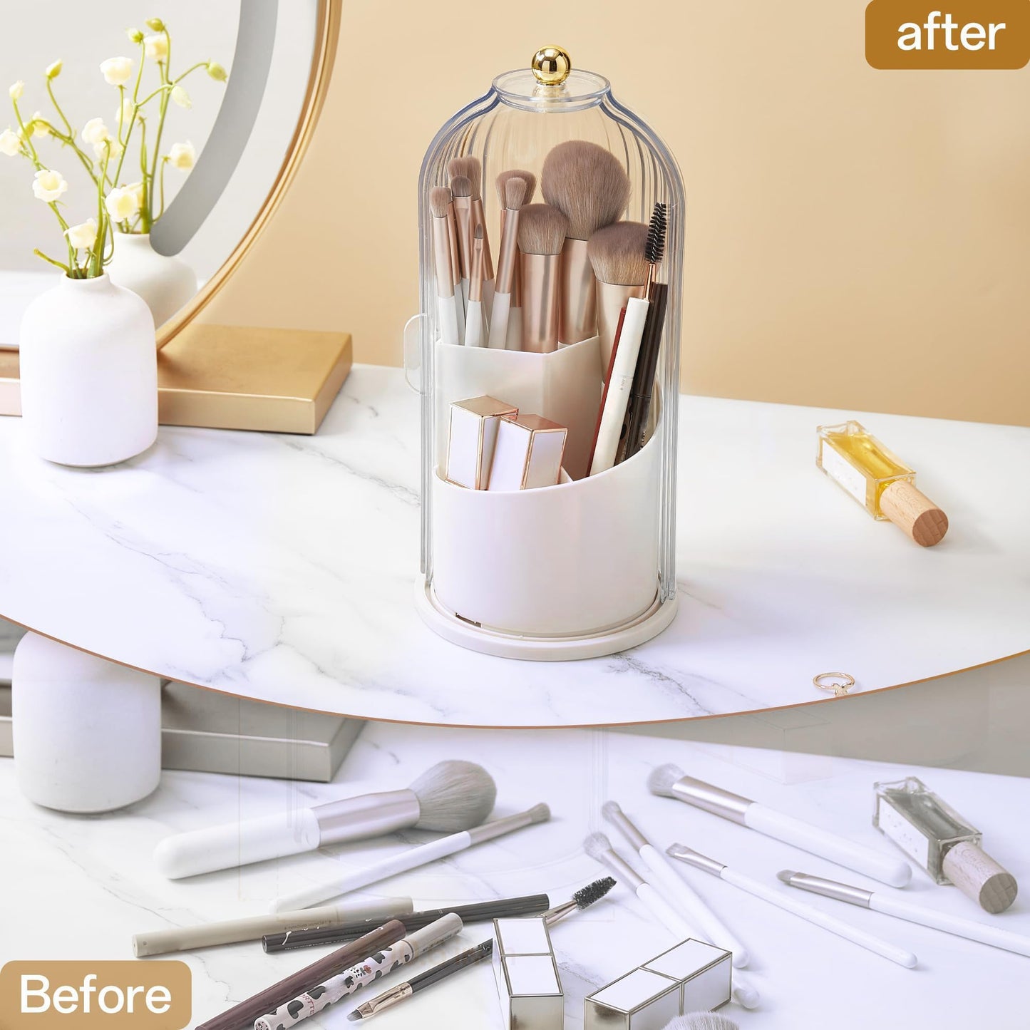 Makeup Brush Holder Rotating Organiser with Clear Lid,Sliding Opening Dustproof Makeup Brush Case Make up Organizer Storage for Dressing Table Organiser,Vanity,White Black