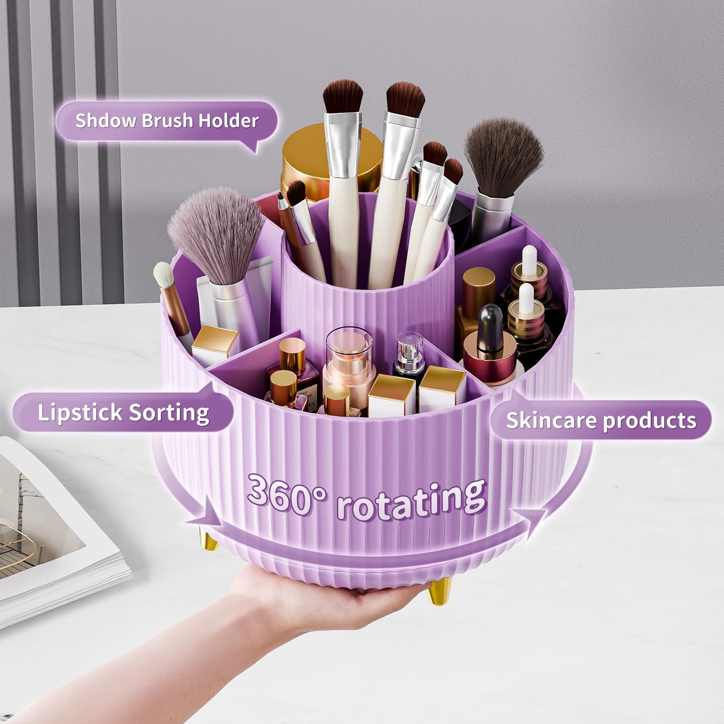 fanado 360° Rotating Makeup Organiser, Makeup Brush Holder, 5 Compartment Makeup and Skincare Storage for Vanity, Desktop, Bathroom (Purple)