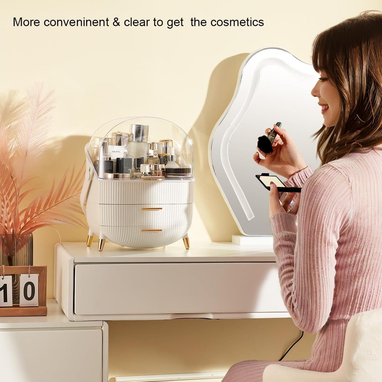 Makeup Organizer Box, Clear Cover Cosmetic Display Case with Two Tier Storage Box and Brush Storage Box, Skincare Organizers for Bathroom Countertop, Bedroom Vanity Desk and Travel (White)