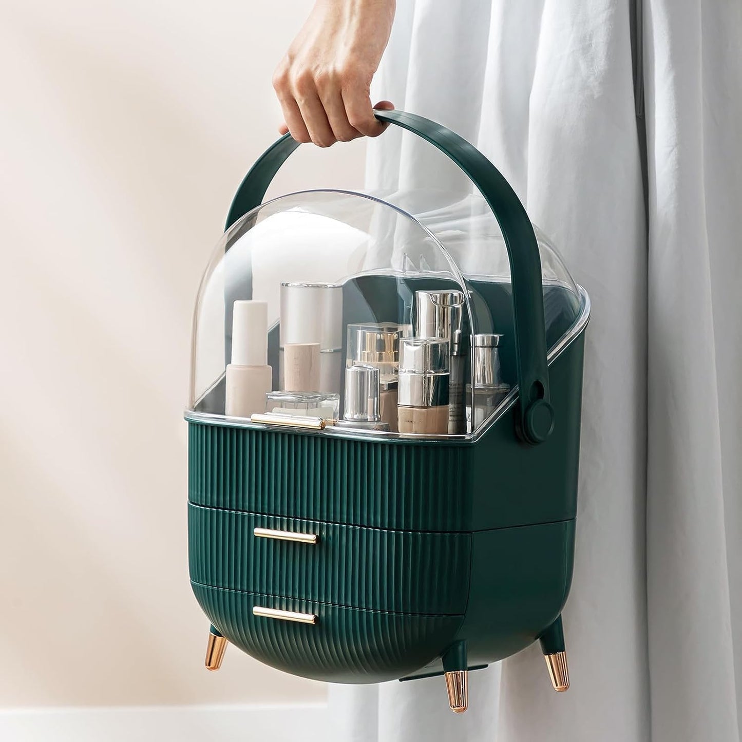 Makeup Organizer Box, Clear Cover Cosmetic Display Case with Two Tier Storage Box and Brush Storage Box, Skincare Organizers for Bathroom Countertop, Bedroom Vanity Desk and Travel (White)