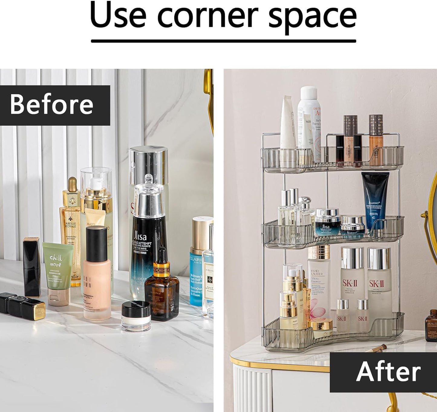 Bingobang Makeup Organiser Corner Trays, 3 Tiers Skincare Cosmetic Organizer Acrylic Large, Storage Tidy for Lipstick, Nail Care, Perfume, Brush, Vanity Dresser, Bedroom, Kitchen, Bathroom(Grey)