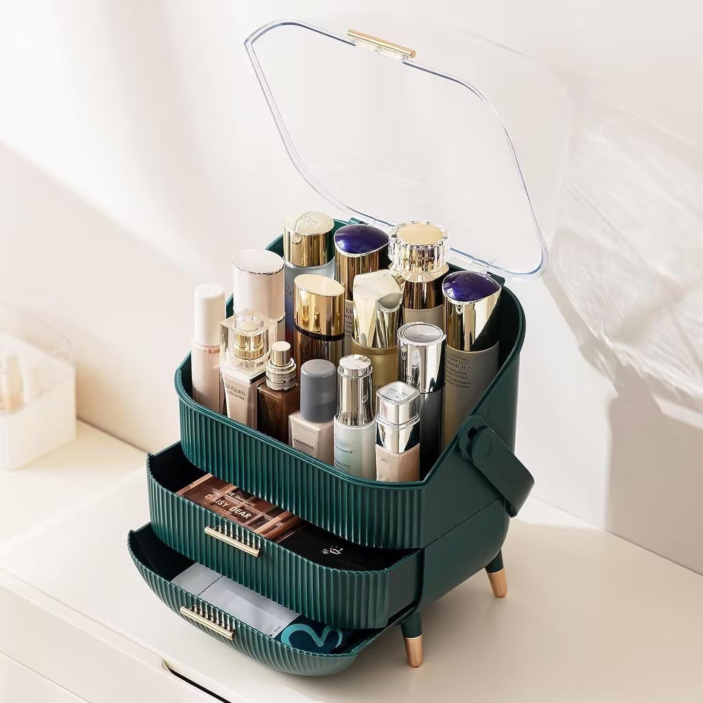 Makeup Organizer Box, Clear Cover Cosmetic Display Case with Two Tier Storage Box and Brush Storage Box, Skincare Organizers for Bathroom Countertop, Bedroom Vanity Desk and Travel (White)