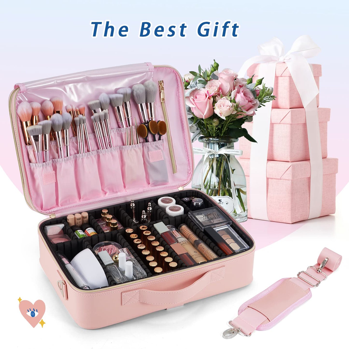 Joligrace Large PU Leather Professional Makeup Bag with Removable Back Strap Cosmetic Case Beauty Box Hairdressing Tools Organiser Storage Box, Marble