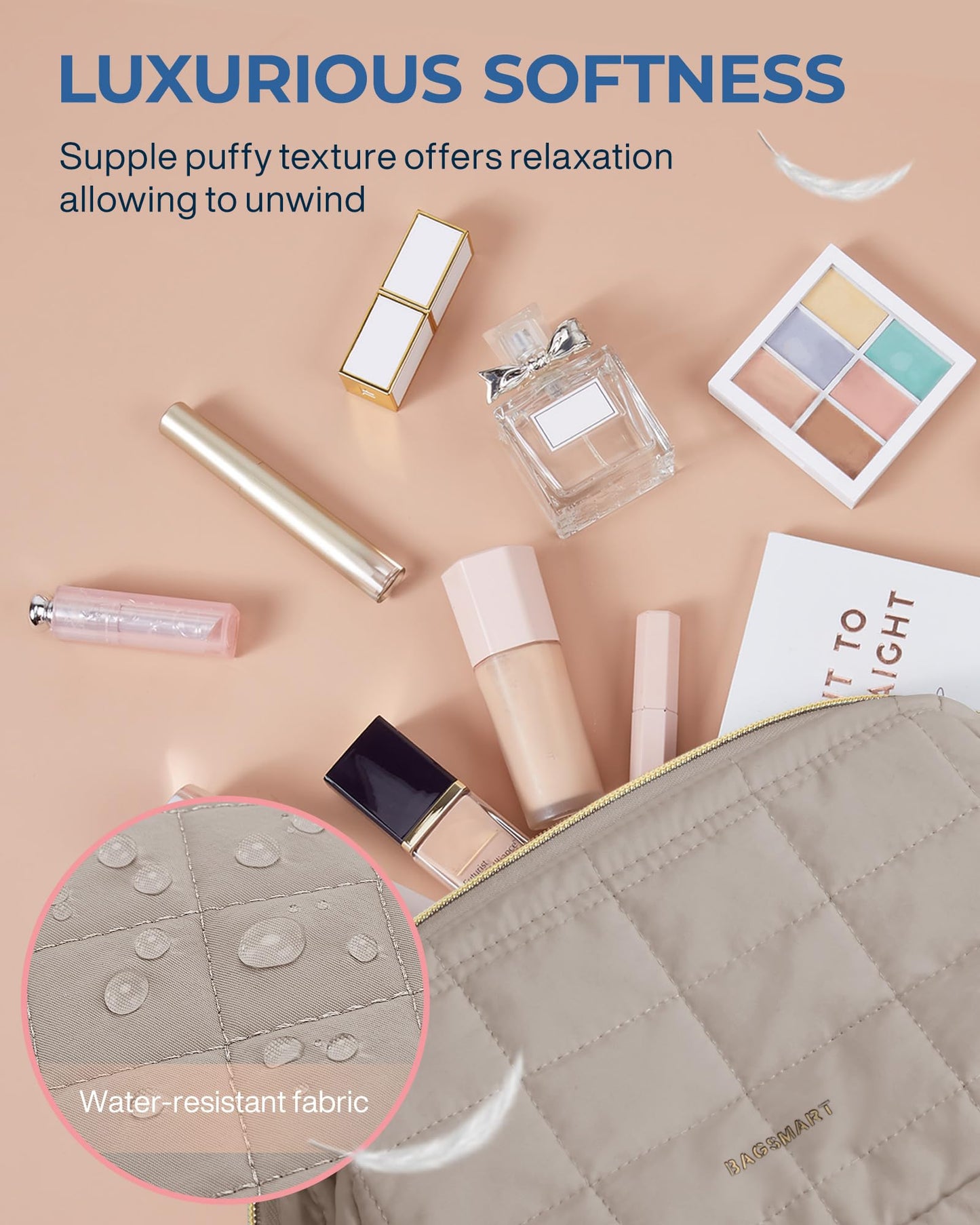 BAGSMART Makeup Bag Travel Cosmetic Bag, Puffy Padded Make Up Bags for Women, Large Capacity Wide-Open Travel-Size Toiletries Pouch, Purple