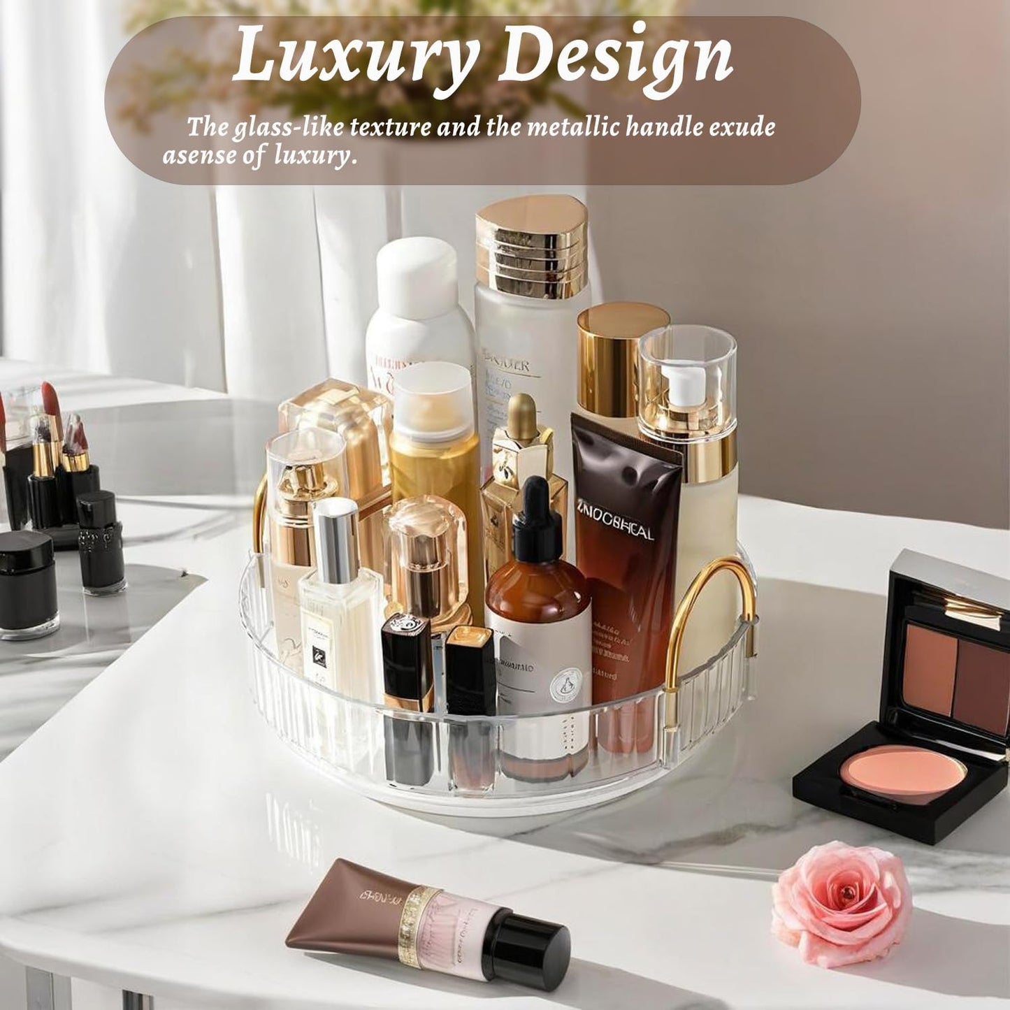 Makeup Organizer for Vanity 360 Rotating, Large Capacity Cosmetic Organisers for Lipsticks, Jewelry, Nail Care, Skincare, Perfume, Ideal Desk Organizer for Dresser, Bathroom and Kitchen(Gold, 1 Tier)