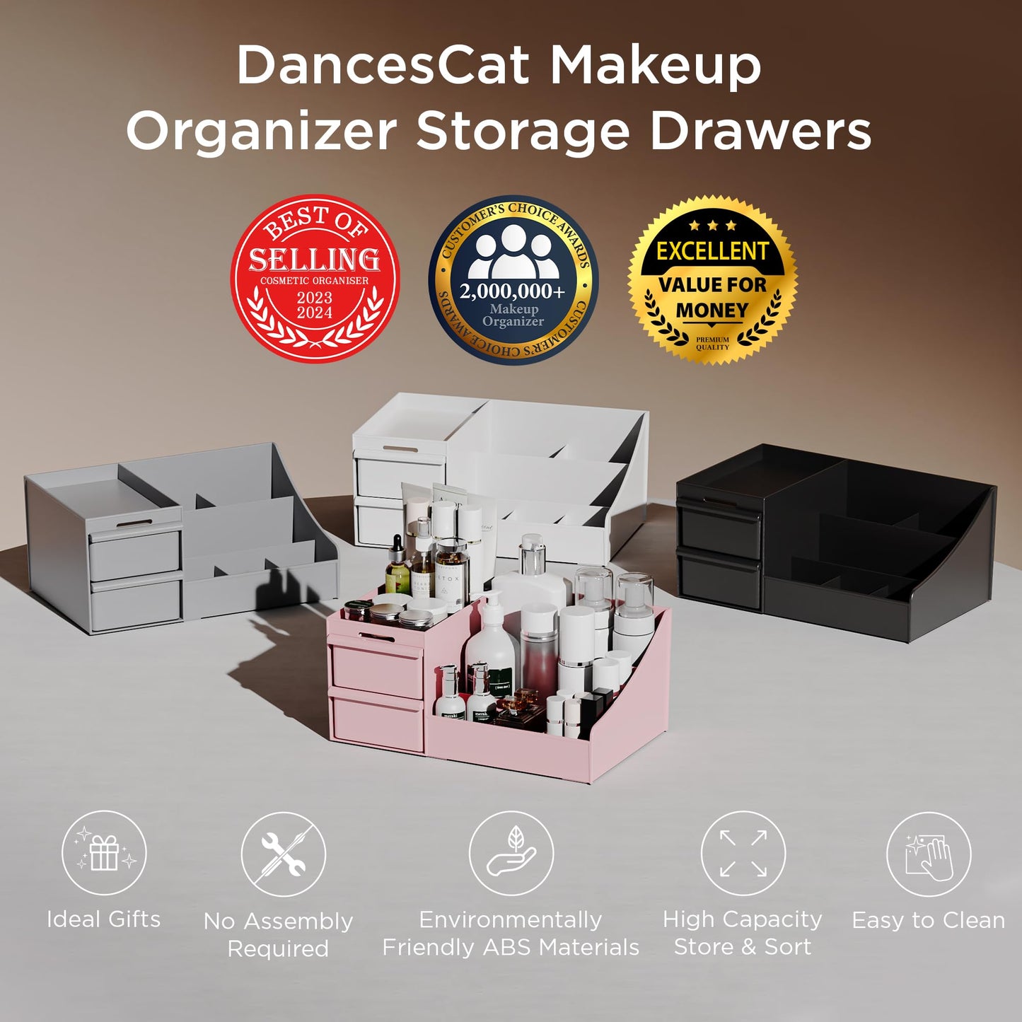 Makeup Organizer Storage Drawers, Large Capacity Cosmetic Organisers for Lipsticks, Jewelry, Nail Care, Skincare Organiser for Vanity, Ideal Desk Organizer for Dresser and Bathroom