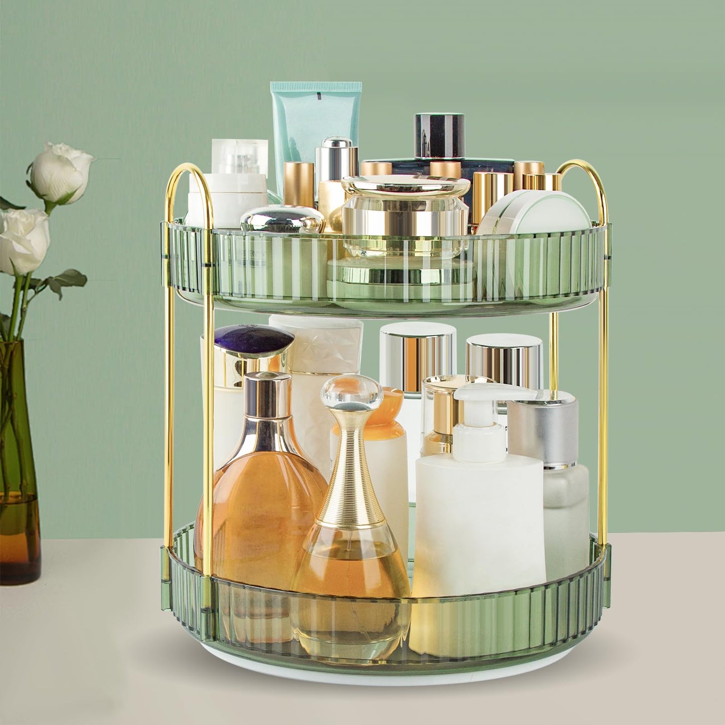Boxalls Make up Organiser 360° Rotating, 3 Tier Large Capacity Bathroom Organizer, Cosmetics Vanity Storage, Dressing Table Organiser, Skincare Spinning Carousel for Skincare Perfume (3 Tiers, Green)