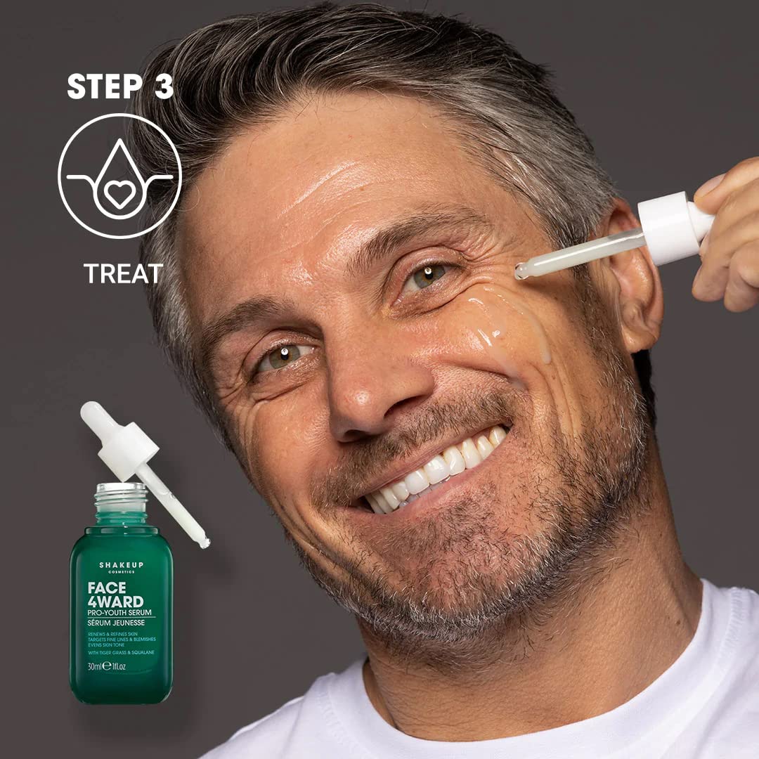 Shakeup Cosmetics Mens Skincare Routine with Free Wash Bag, including Daily Face Wash, Clarifying Toner, Anti-Ageing Serum, Daily Moisturiser, plus Wash Bag. Aka. SHAKEUP FACE 4WARD DELUXE KIT