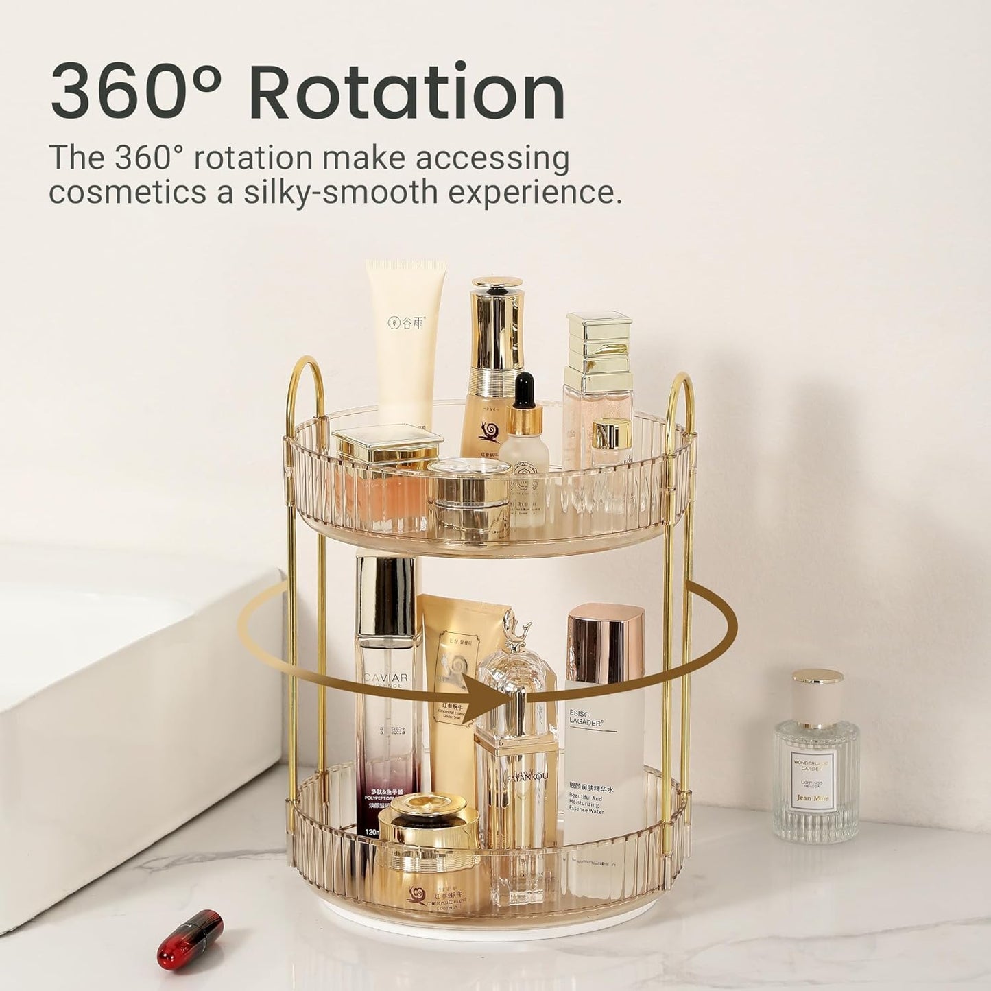 Rotating Makeup Organizer for Vanity, Large Skincare Make Up Storage Perfume Organizers for Bathroom Counter, Clear Cosmetic Lipstick Toiletry Dresser Organizer Spinning Holder