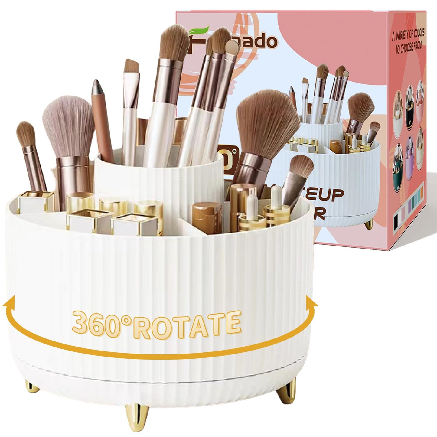 fanado 360° Rotating Makeup Organiser, Makeup Brush Holder, 5 Compartment Makeup and Skincare Storage for Vanity, Desktop, Bathroom (Purple)