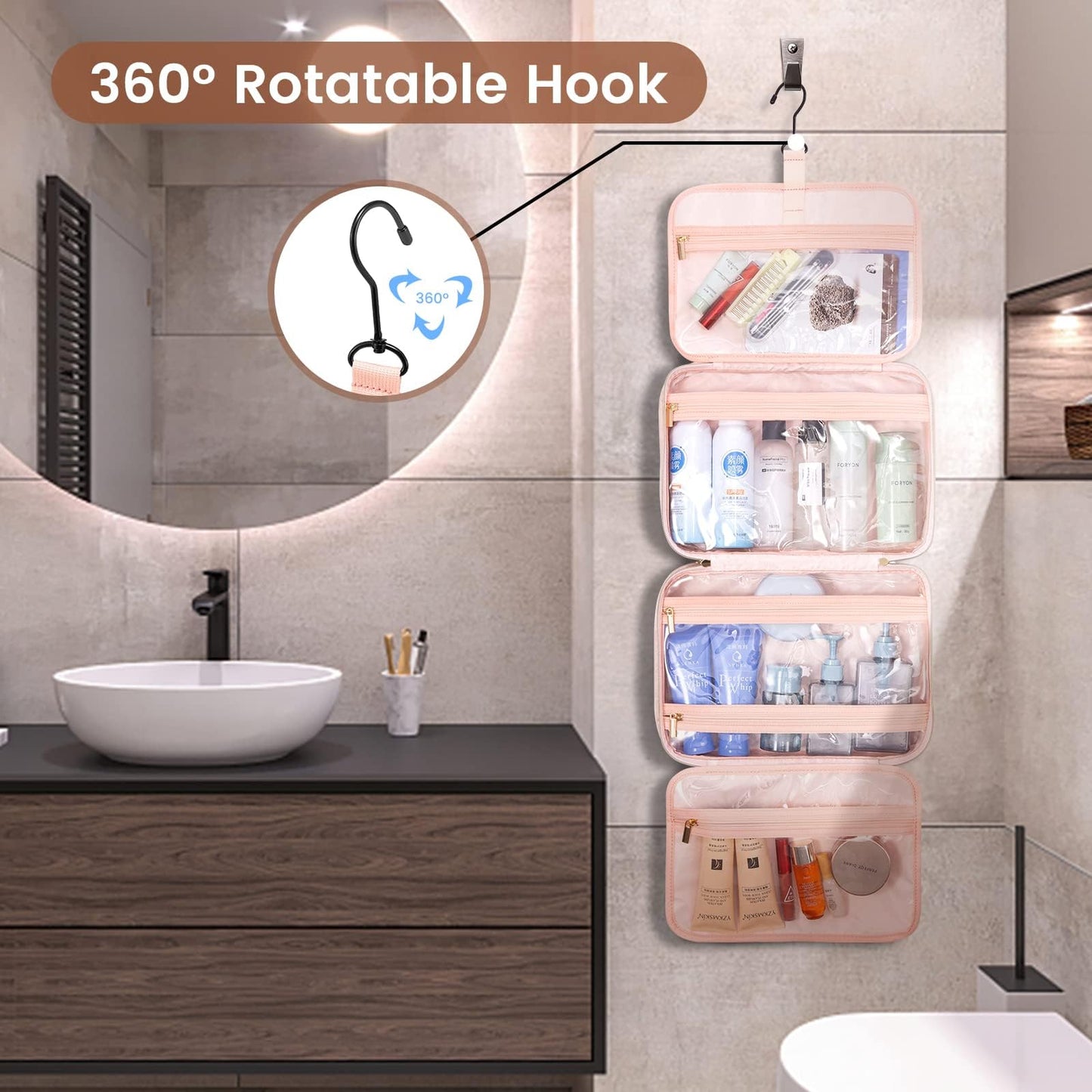 LOVEVOOK Toiletry Bag Hanging Travel Wash Bag for Women, Waterproof Toiletries Makeup Bags with Hook, Large Cosmetic Organizer Ladies, for Full Sized Container