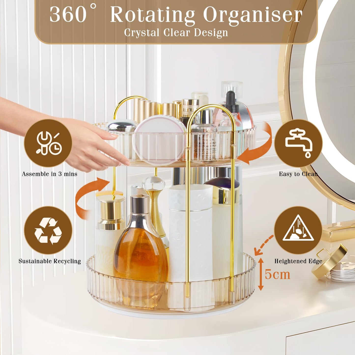 Boxalls Make up Organiser 360° Rotating, 3 Tier Large Capacity Bathroom Organizer, Cosmetics Vanity Storage, Dressing Table Organiser, Skincare Spinning Carousel for Skincare Perfume (3 Tiers, Green)