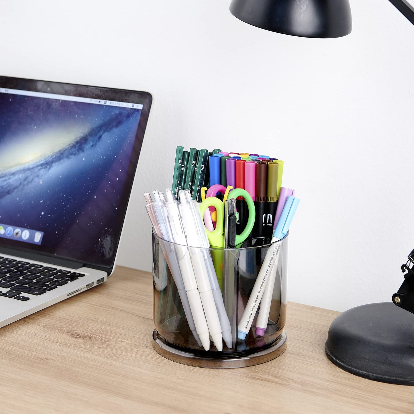 Makeup Brush Holder Organizer -Rotating 360° Clear Storage Cup Containers for Vanity, Desk, Countertop, Spinning Pen Holder for Desk, Round Make up Brush Stand with 5 Slots (Clear)