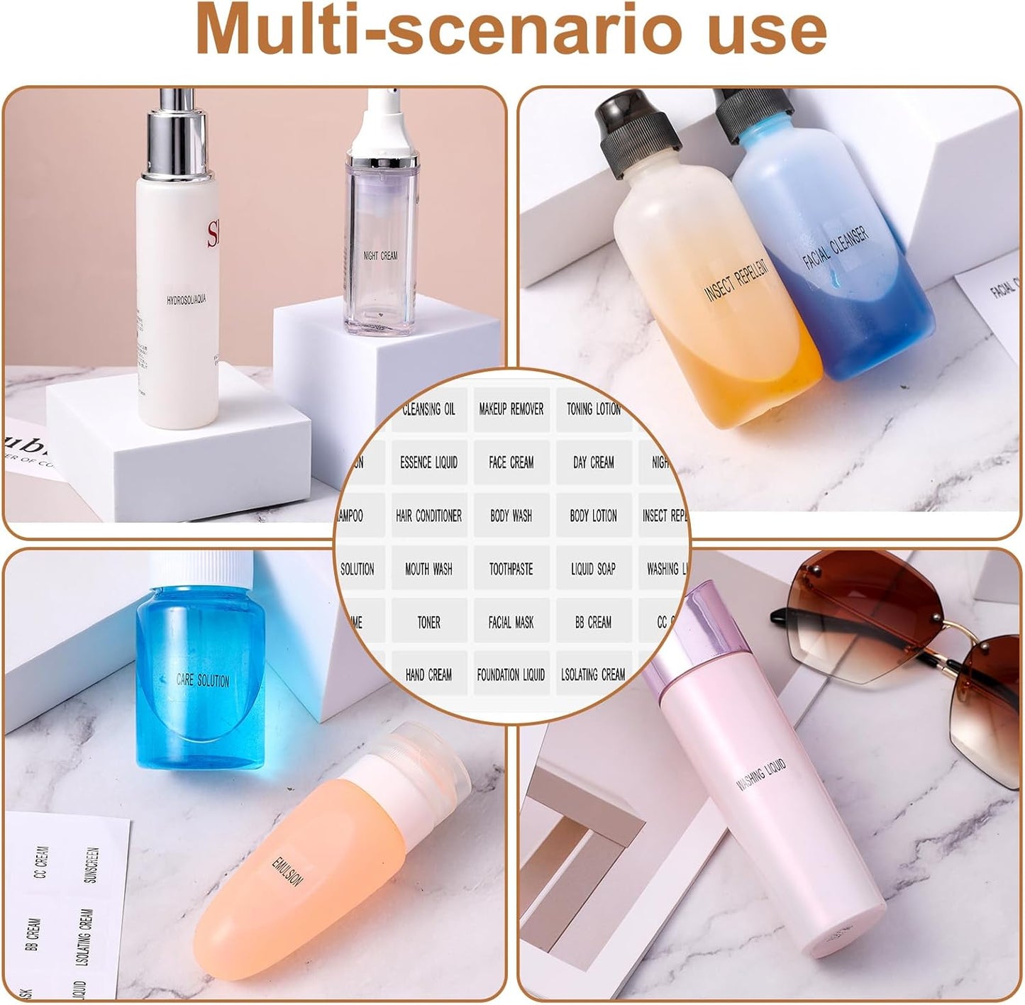 360Pcs Waterproof Labels for Travel Size Bottles, Self-Adhesive Cosmetic Jars Labels, Clear Bathroom Beauty Organization Removable Stickers for Refillable Bottles, Lotion Cream Body Wash Shampoo