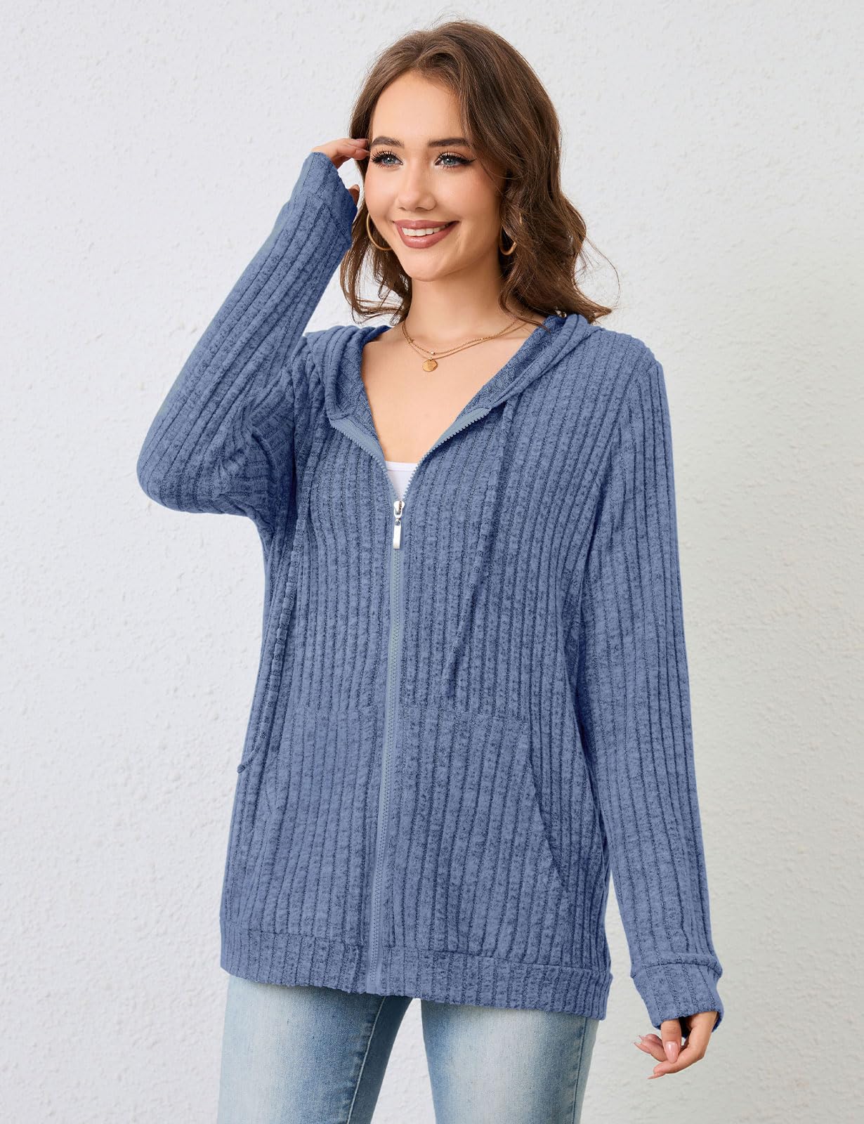 Flikity Womens Cardigans Zip Up Ladies Hoodies with Large Pockets Long Sleeve Tunic Tops Ladies Lightweight Jackets Casual Work Clothes M-XXL