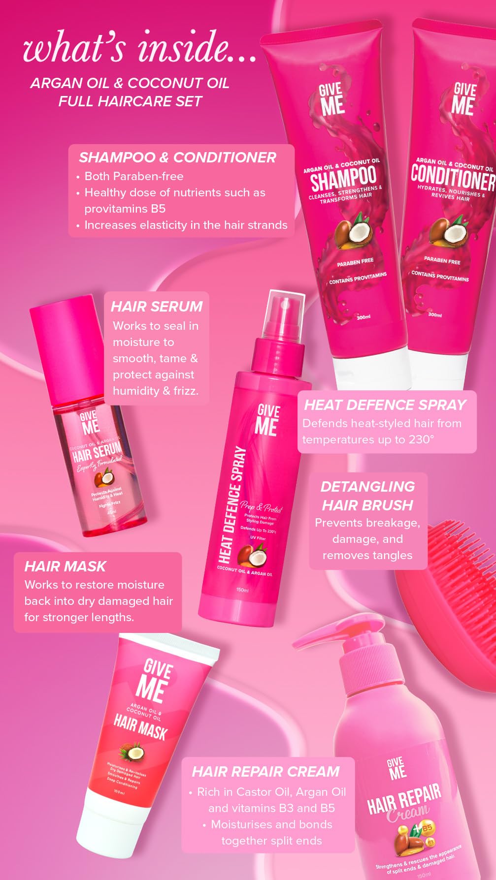 Give Me Cosmetics, Shampoo and Conditioner Sets, with Hair Mask, Heat Defence Spray, Repair Cream, Serum, Detangle Hairbrush, Argan & Coconut Oil, Paraben Free, Haircare Gift Set