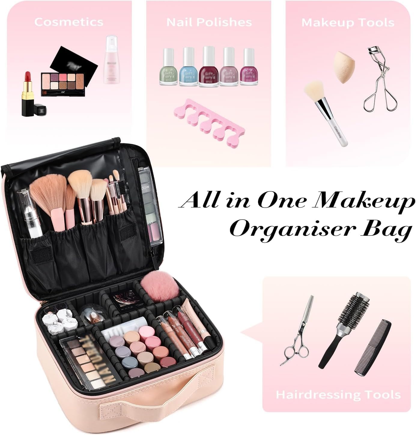 Joligrace Makeup Bag Cosmetic Case Vanity Travel Beauty Box Make Up Train Case Hairdressing Tools Organiser with Adjustable Compartment Oxford Fabric, Black