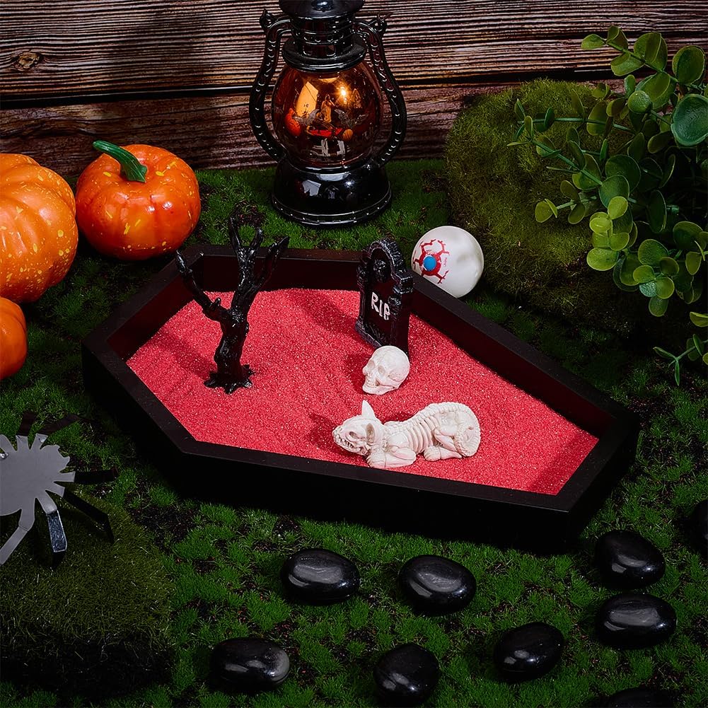 WEBEEDY Halloween Coffin Zen Garden Mini Sand Tray Kit for Desk, Therapy Zen Garden Kit with Red Sand and Tools, DIY Spooky Desktop Decor for Halloween Party & Home Office Decoration Goth Gift