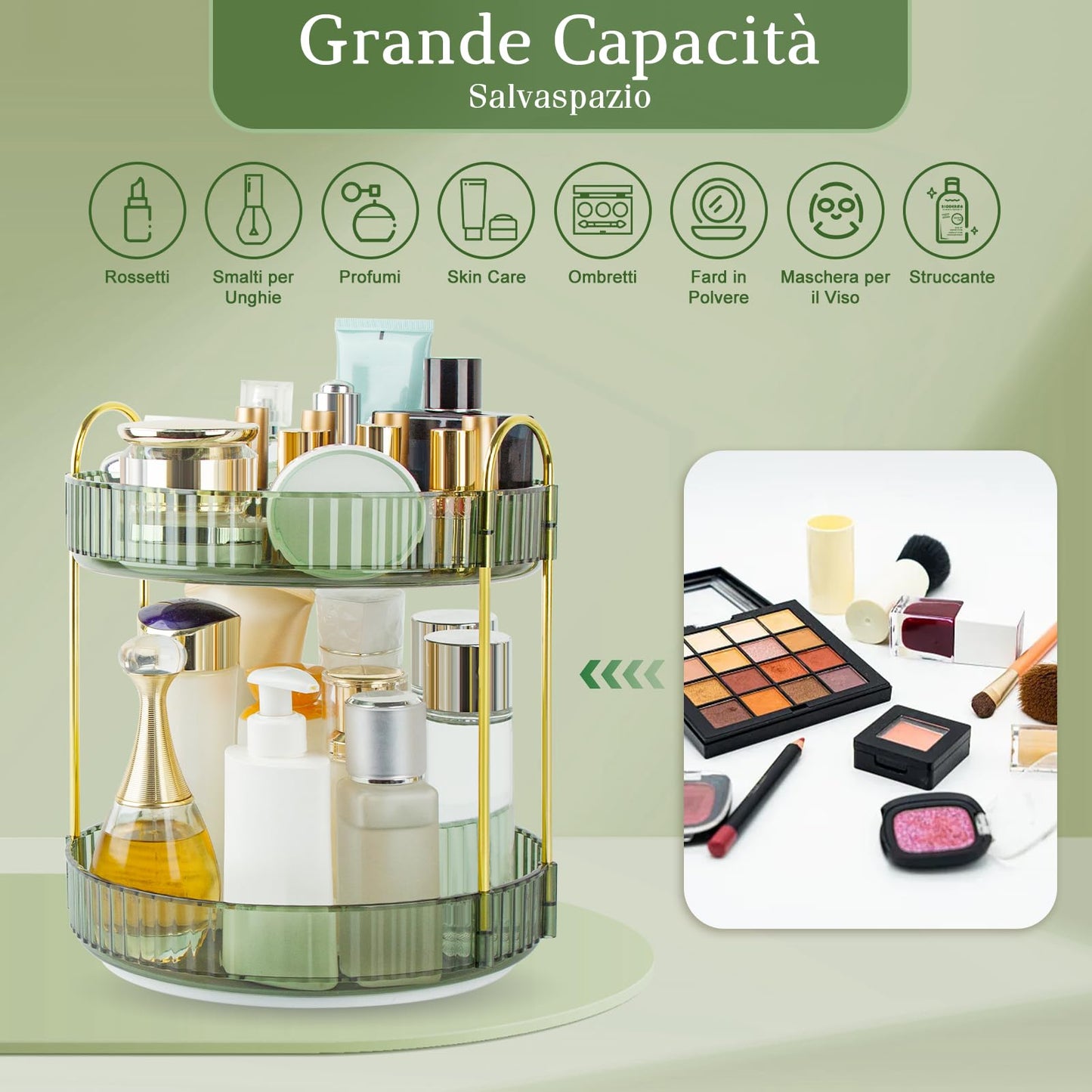 Boxalls Make up Organiser 360° Rotating, 3 Tier Large Capacity Bathroom Organizer, Cosmetics Vanity Storage, Dressing Table Organiser, Skincare Spinning Carousel for Skincare Perfume (3 Tiers, Green)