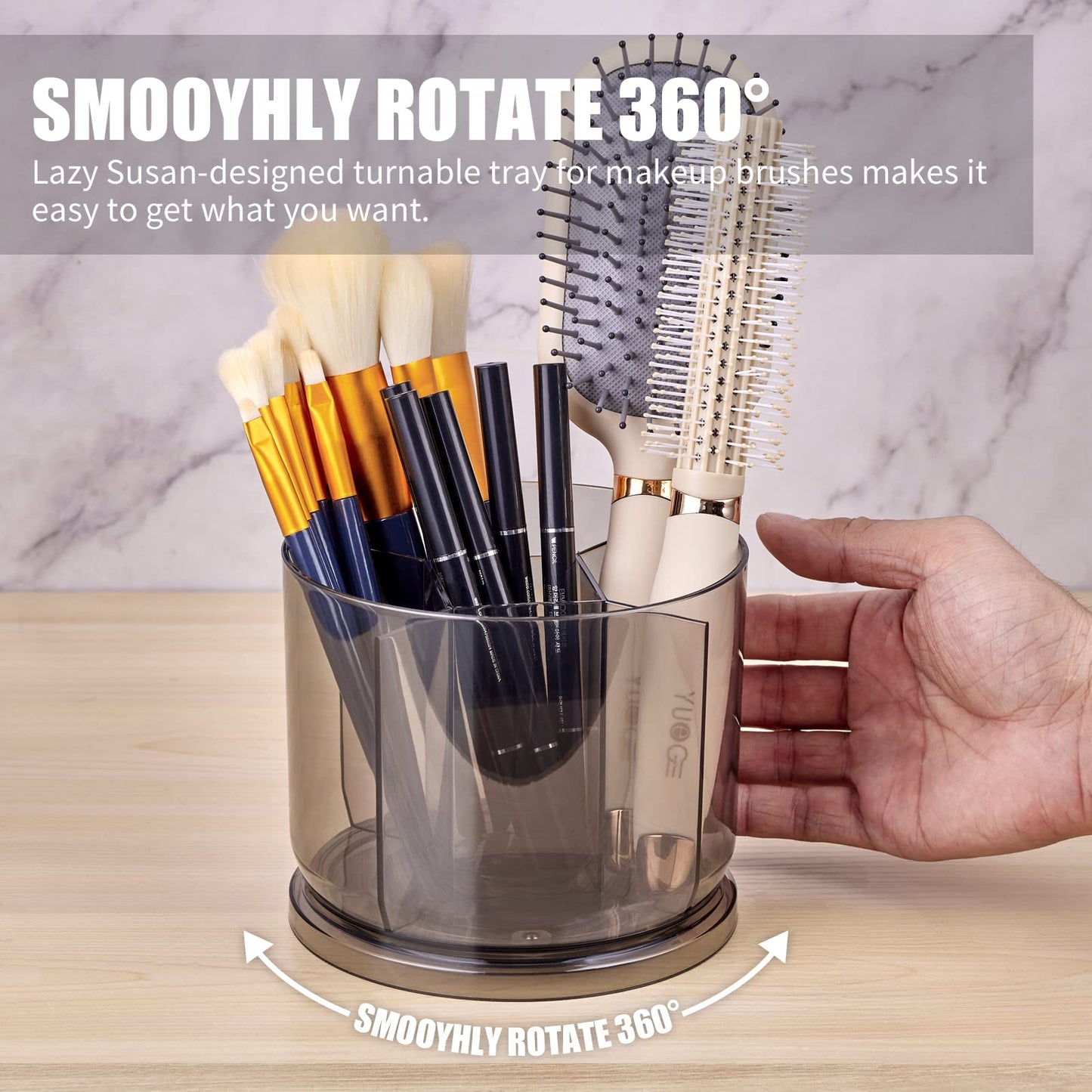 Makeup Brush Holder Organizer -Rotating 360° Clear Storage Cup Containers for Vanity, Desk, Countertop, Spinning Pen Holder for Desk, Round Make up Brush Stand with 5 Slots (Clear)