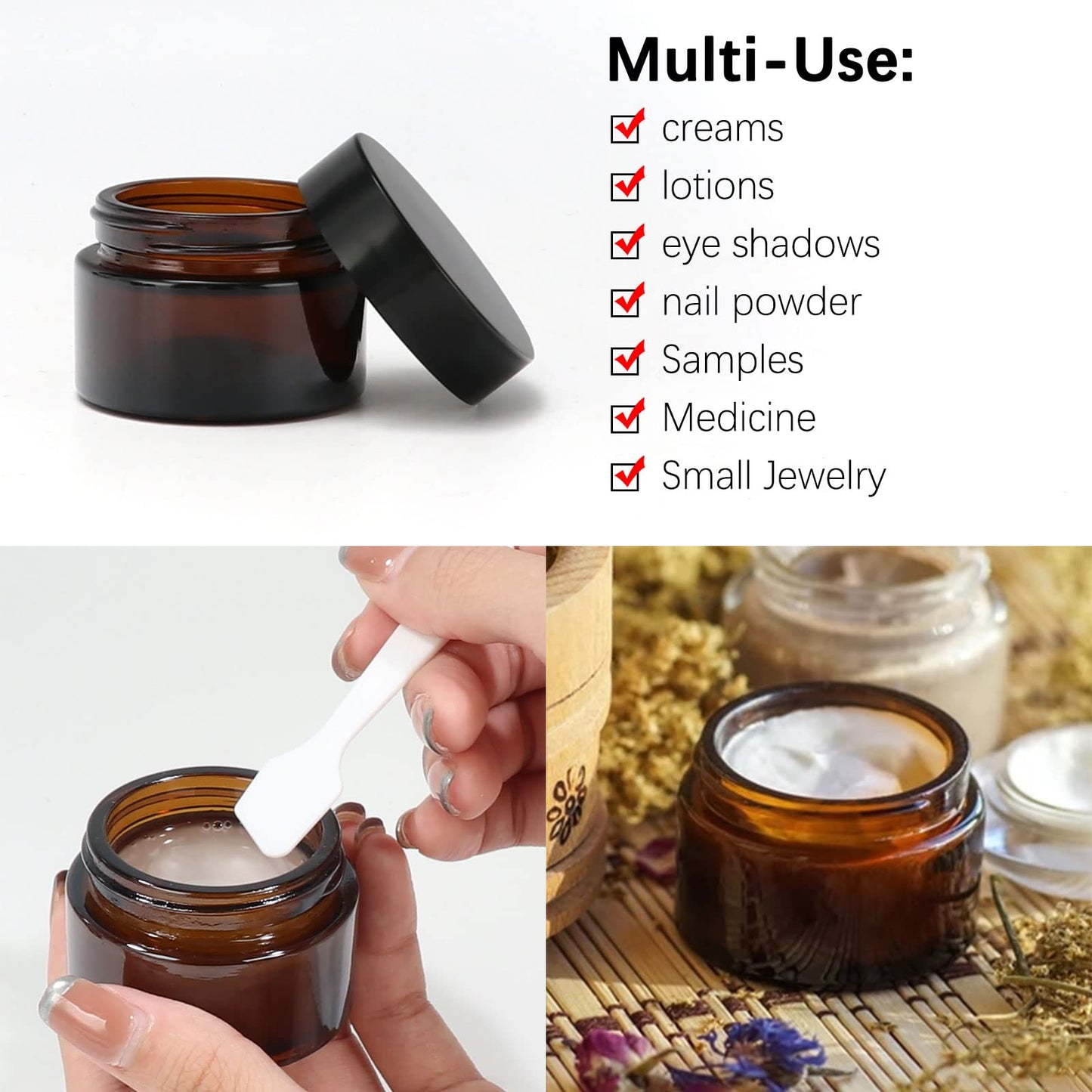 4 oz Amber Glass Round Jars with Black Lids, 6 Pack Empty Cosmetic Jars Face Cream Storage Containers for Powder,Lotion,Beauty Products,Travel Favors