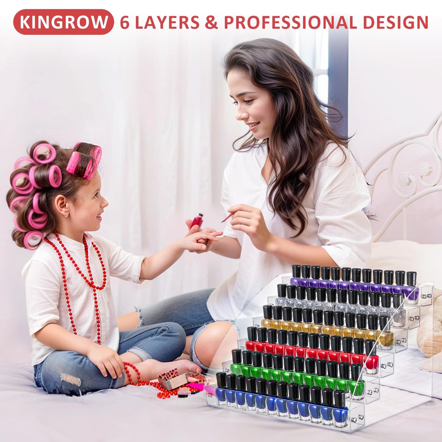 KINGROW Nail Polish Organizer Holder Rack 6 Layers Acrylic Display Rack Eyeglasses Shelf Essential Oils Ink Storage Holds Up to 96 (Fit 1-2oz Bottles)