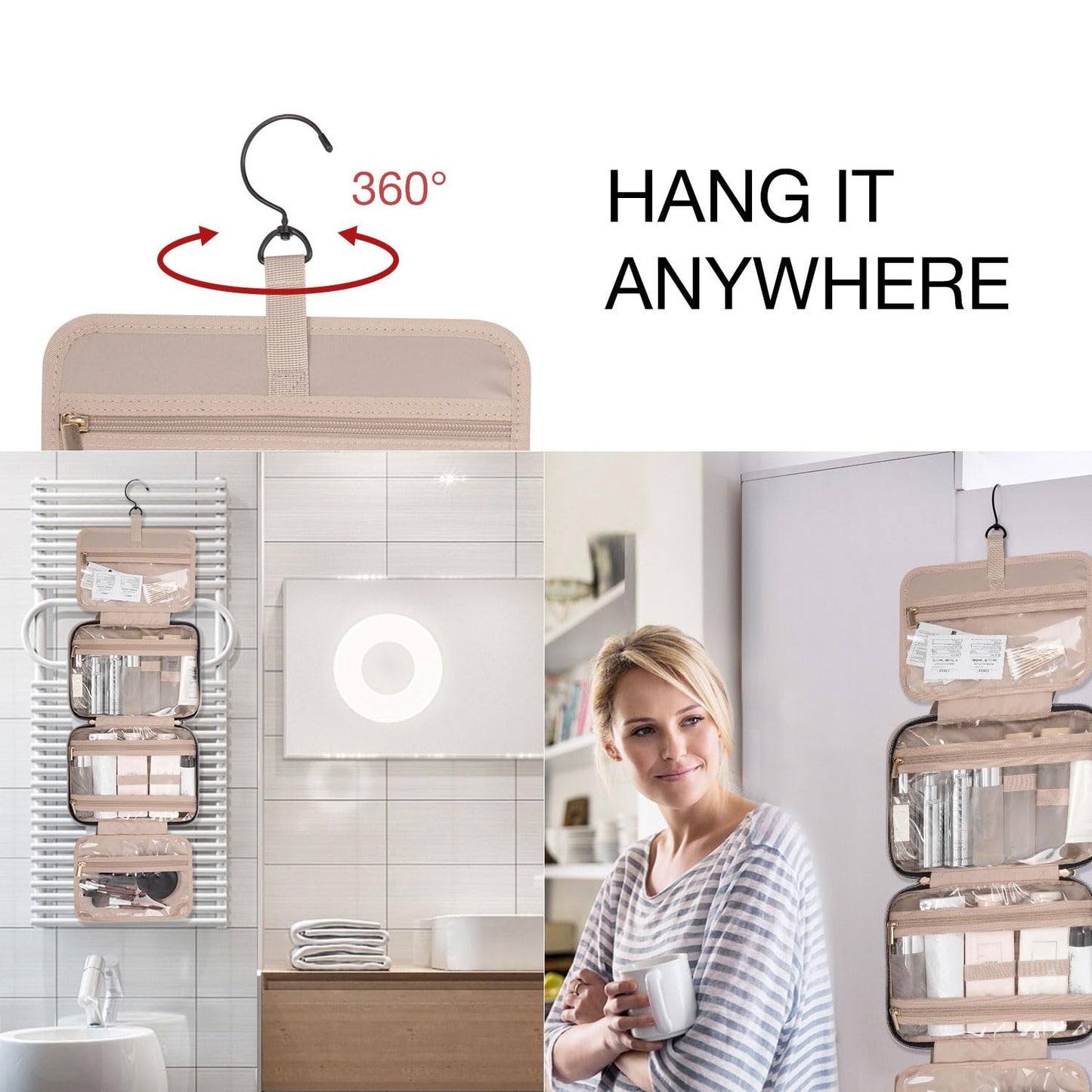 BAGSMART Large Hanging Toiletry Bag Travel Toiletry Bag Cosmetic Bag for Women, Black-Size L